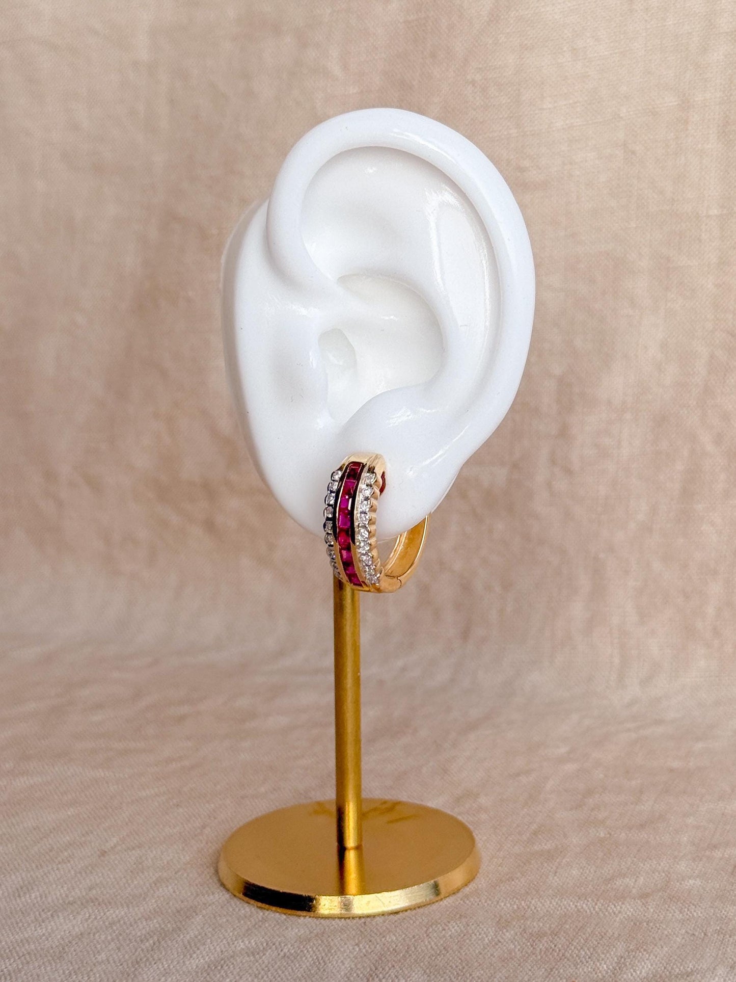Vintage Ruby and Diamond Hoop Earrings, 14k Gold, Hinged Closure, Gift for Her