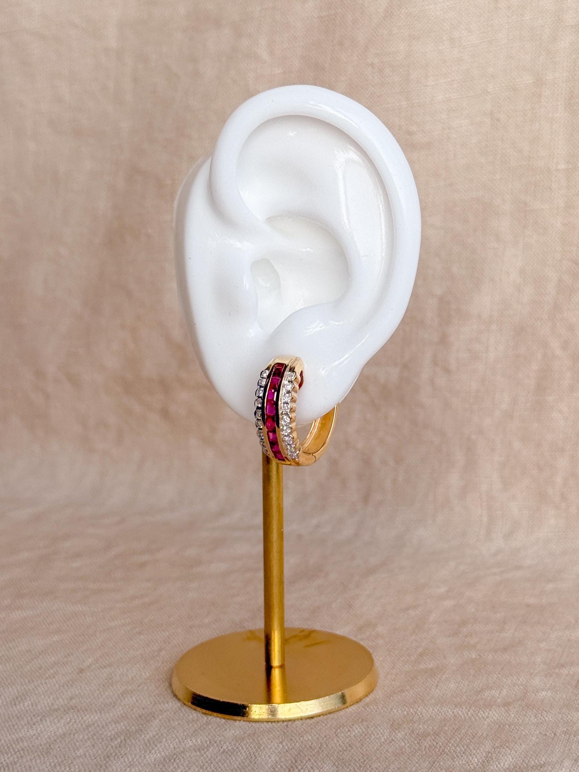 Vintage Ruby and Diamond Hoop Earrings, 14k Gold, Hinged Closure, Gift for Her