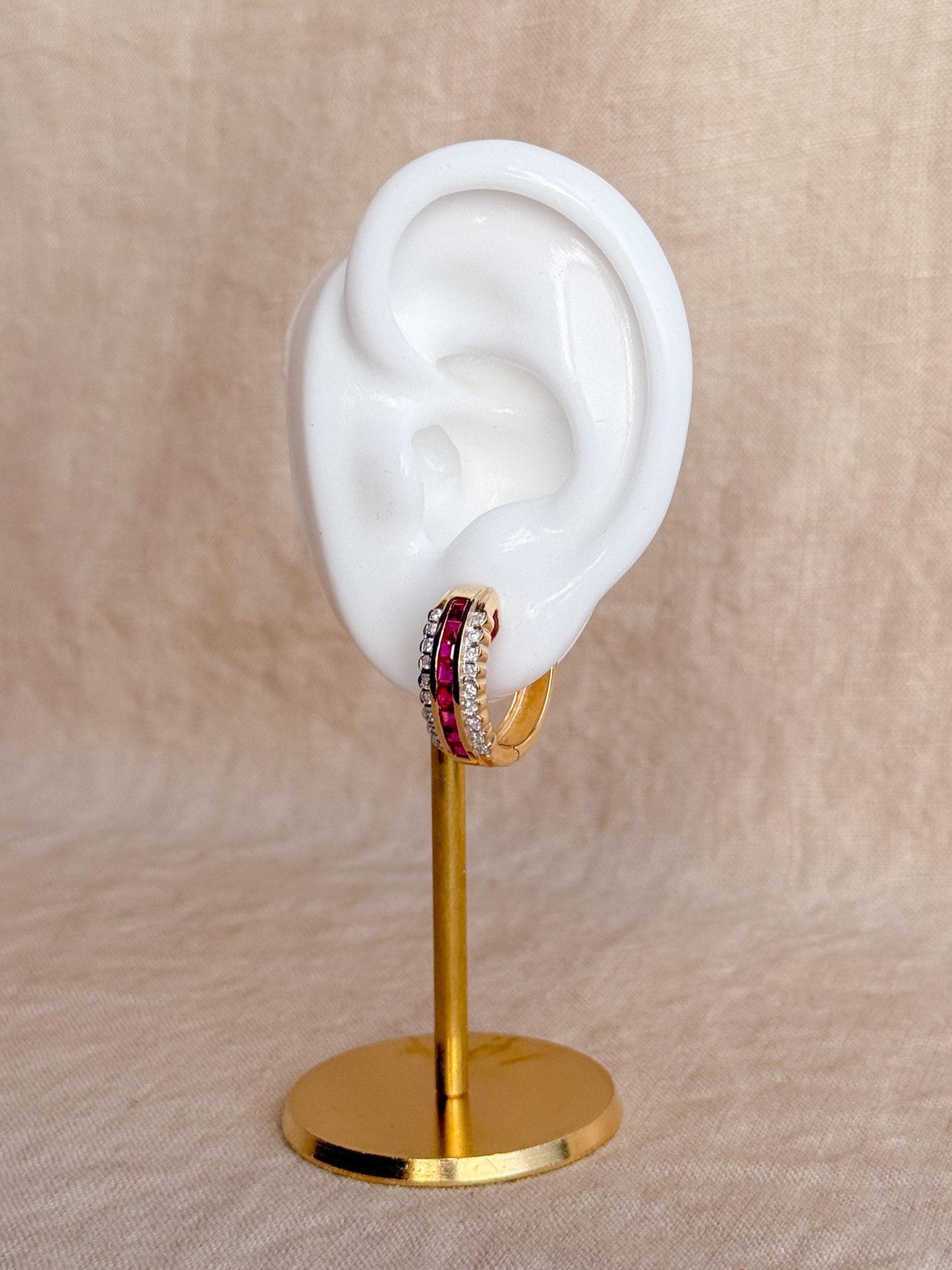 Vintage Ruby and Diamond Hoop Earrings, 14k Gold, Hinged Closure, Gift for Her