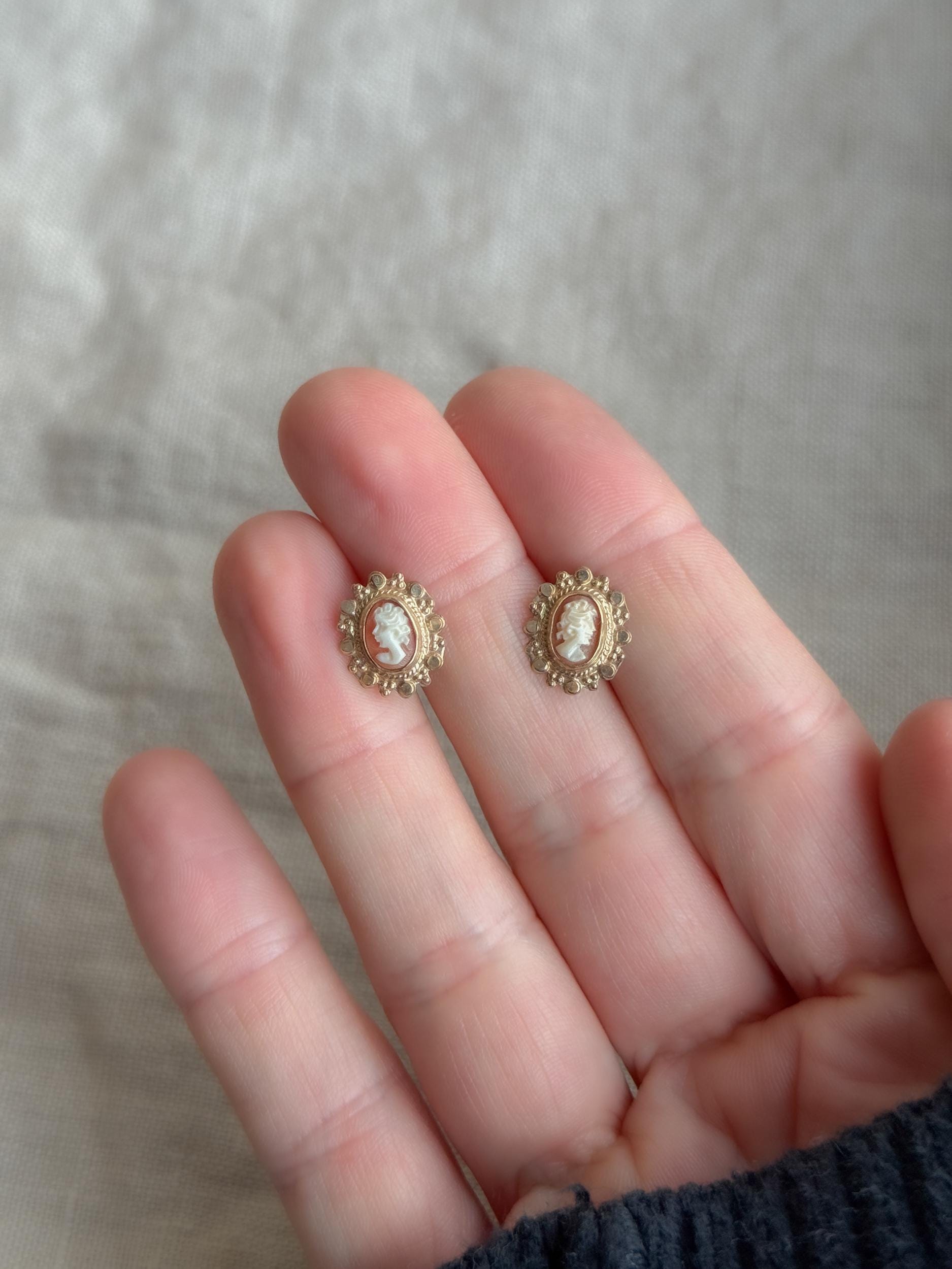 Vintage Cameo Earrings, 14k Gold, Stud Earrings, 1930s Art Deco, Gift for Her