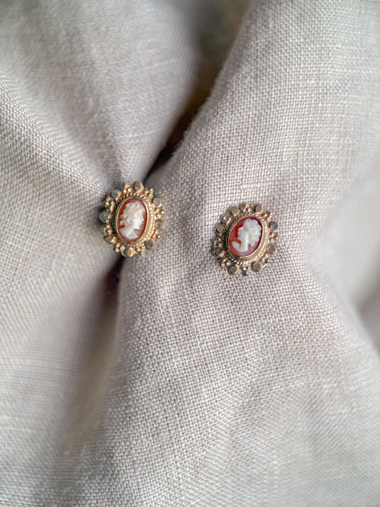 Vintage Cameo Earrings, 14k Gold, Stud Earrings, 1930s Art Deco, Gift for Her