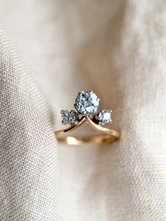 Antique 1920s Three Stone Diamond Engagement Ring, 14k Gold