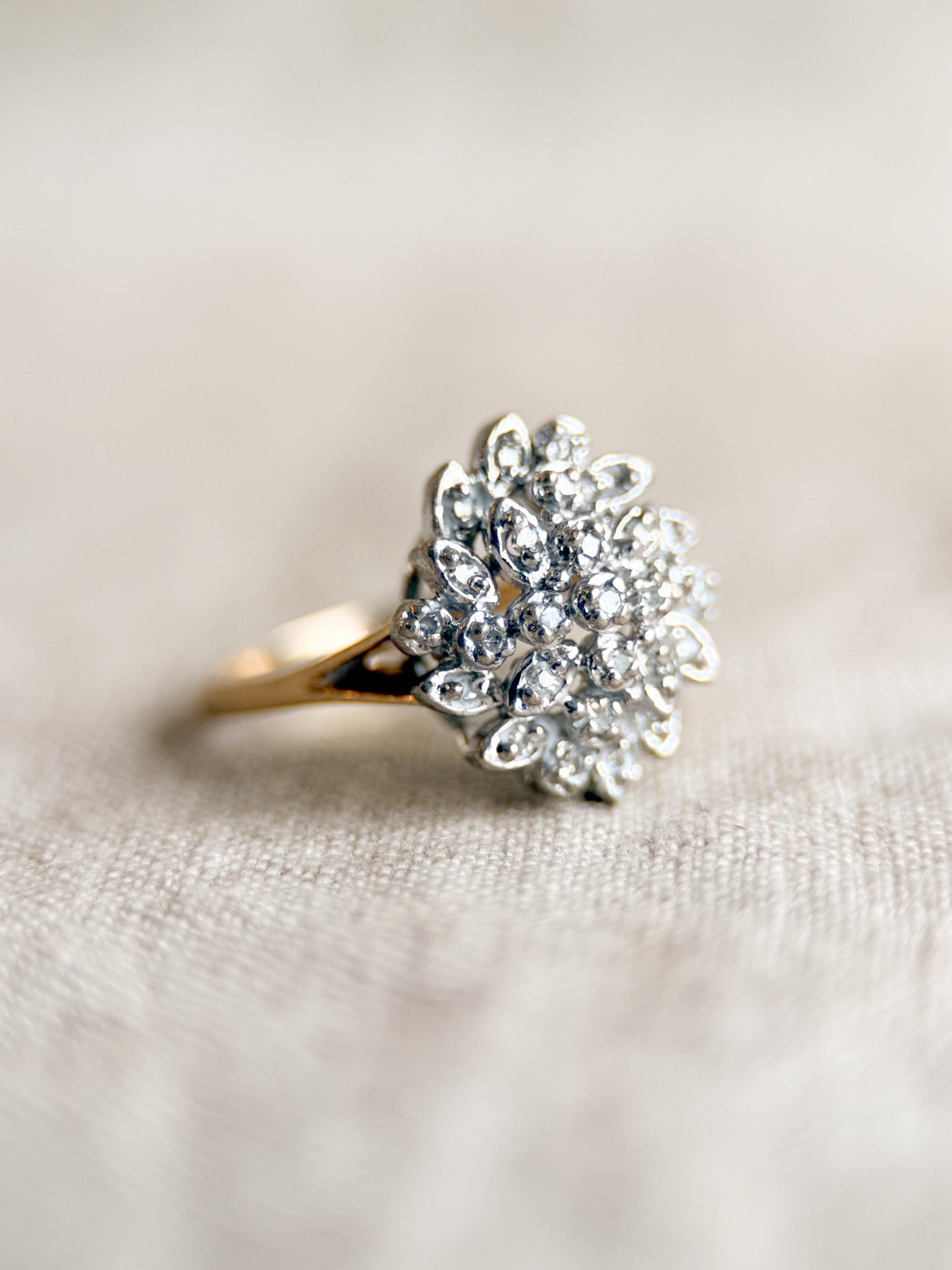 Vintage 1970s Diamond Cluster Ring in 14k Gold - Timeless Sustainability • Vintage Fine Jewelry