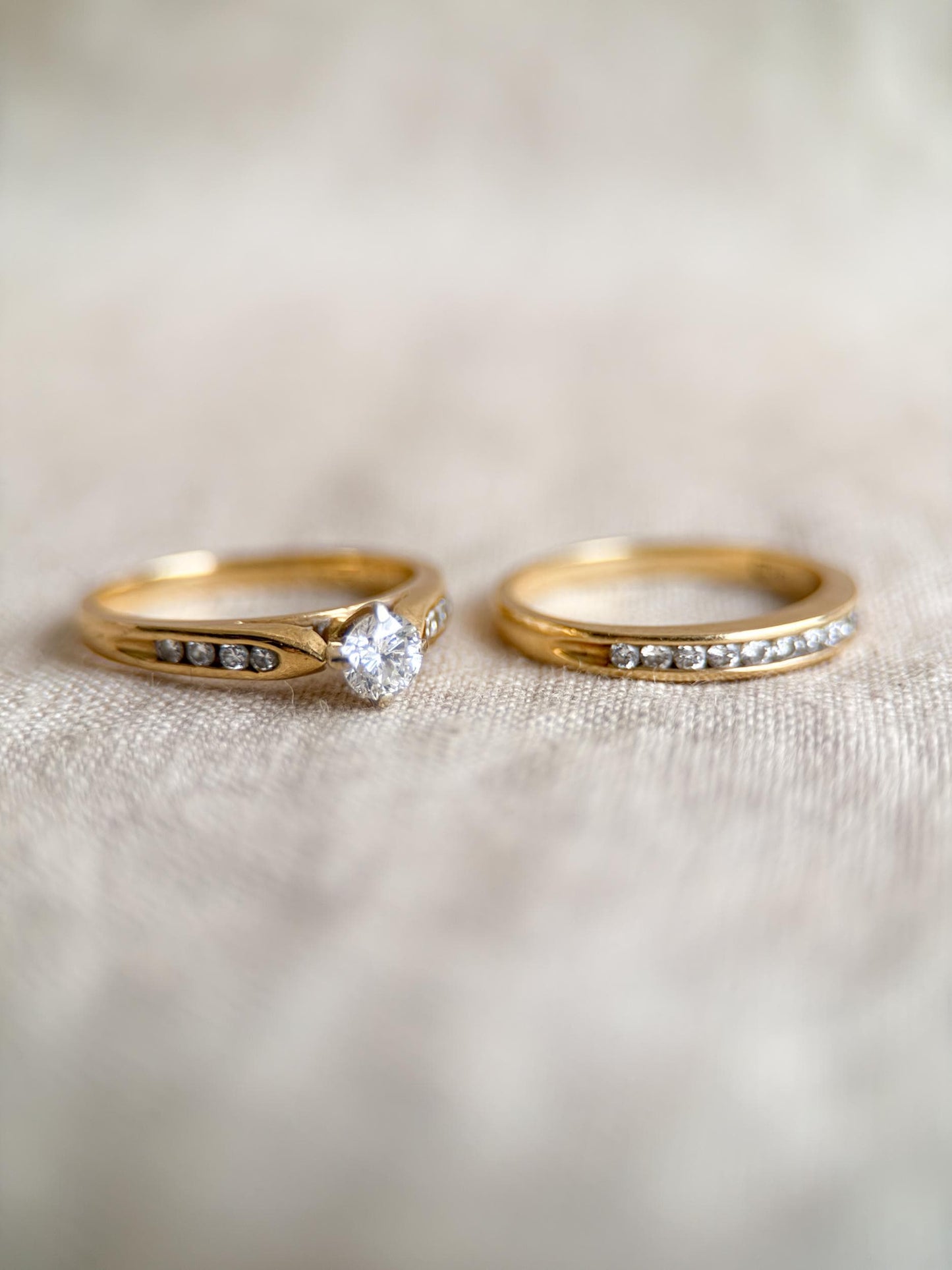 Vintage Diamond Engagement and Wedding Rings, Round Cut, 14k Gold, Prong & Channel Bridal Set