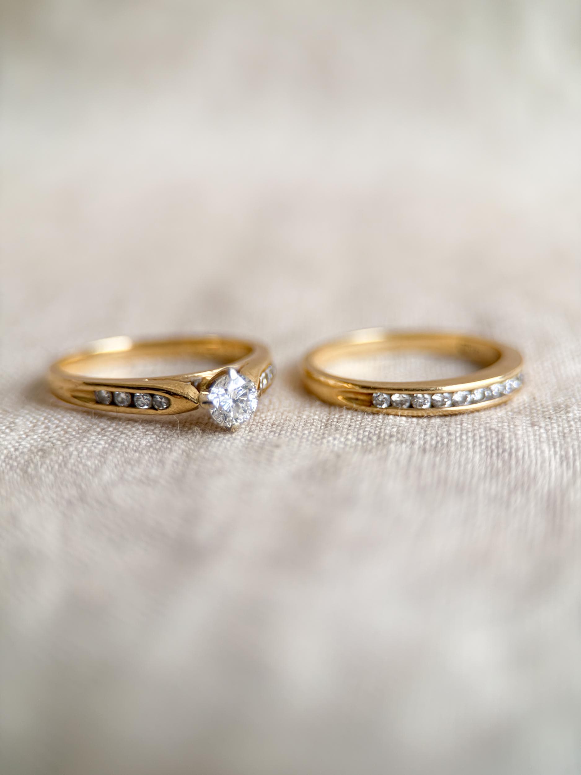 Vintage Diamond Engagement and Wedding Rings, Round Cut, 14k Gold, Prong & Channel Bridal Set