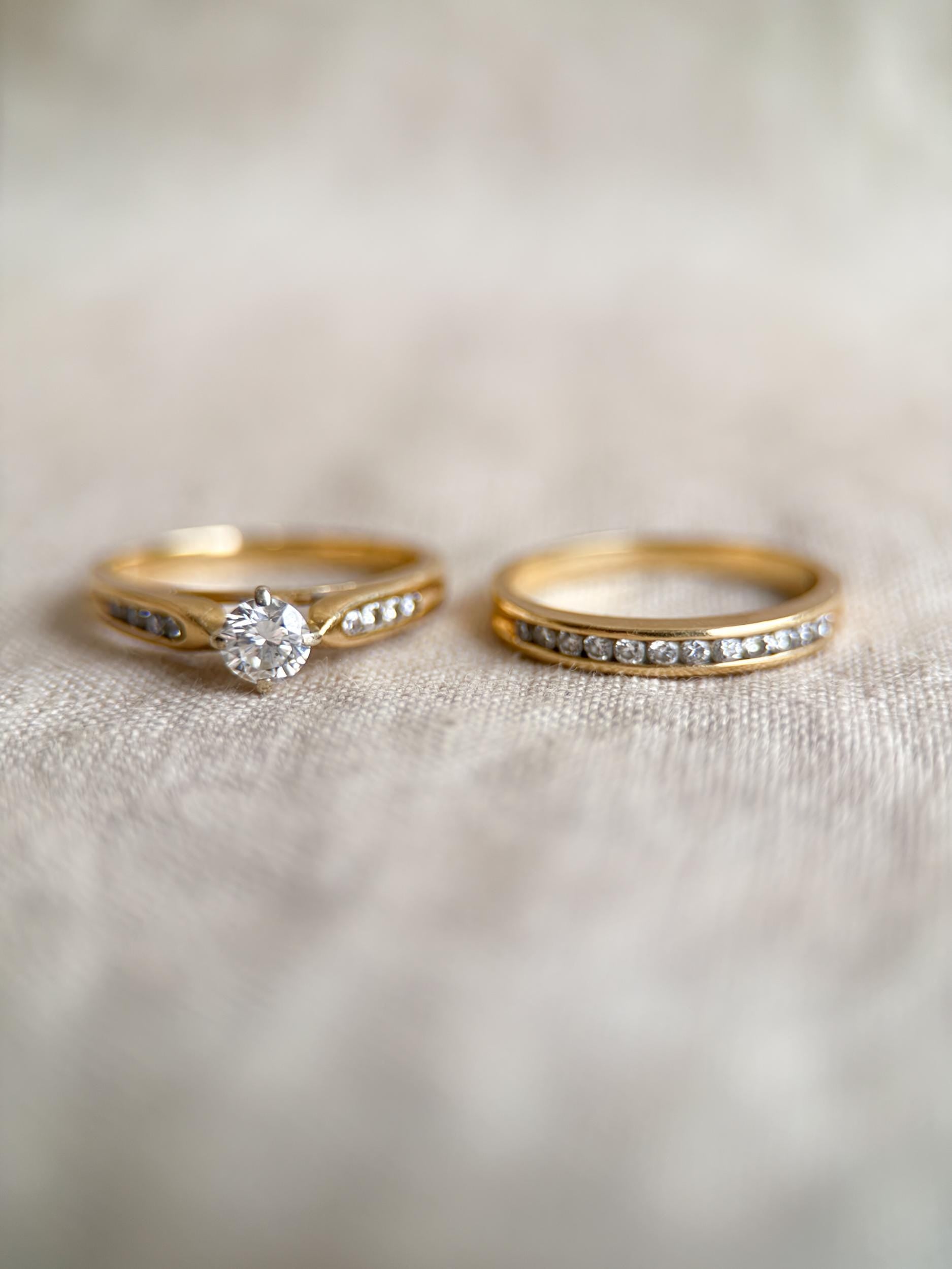 Vintage Diamond Engagement and Wedding Rings, Round Cut, 14k Gold, Prong & Channel Bridal Set