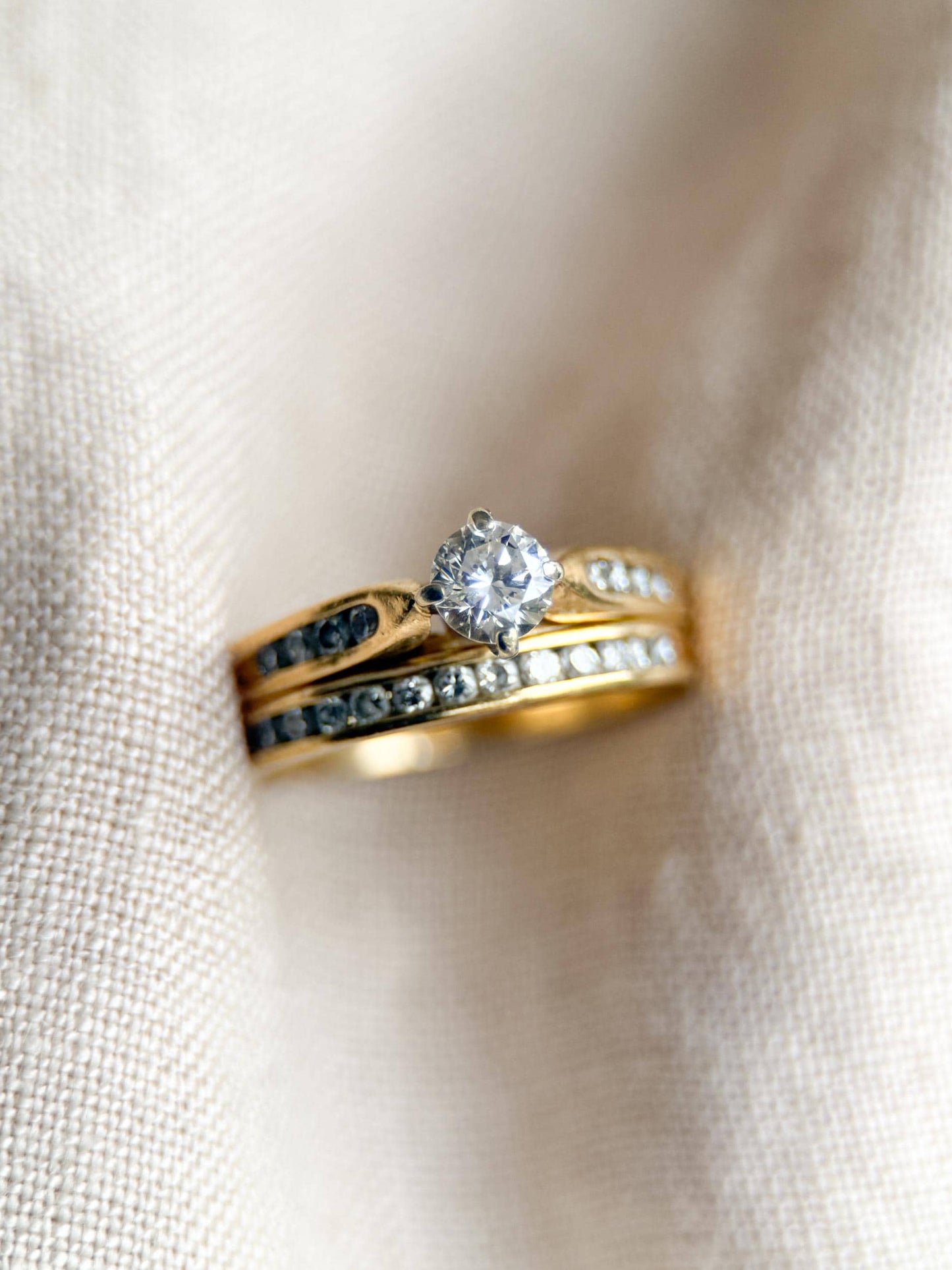 Vintage Diamond Engagement and Wedding Rings, Round Cut, 14k Gold, Prong & Channel Bridal Set