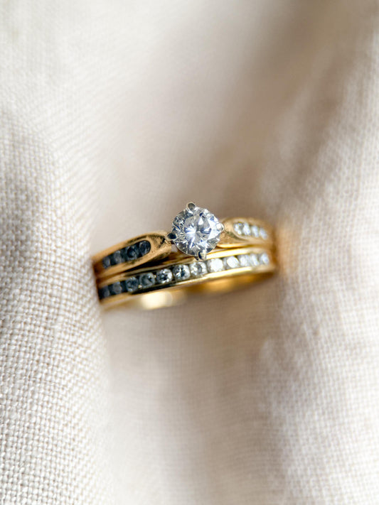 Vintage Diamond Engagement Ring and Wedding Band Set, Round Channel 14k Gold Bridal Set