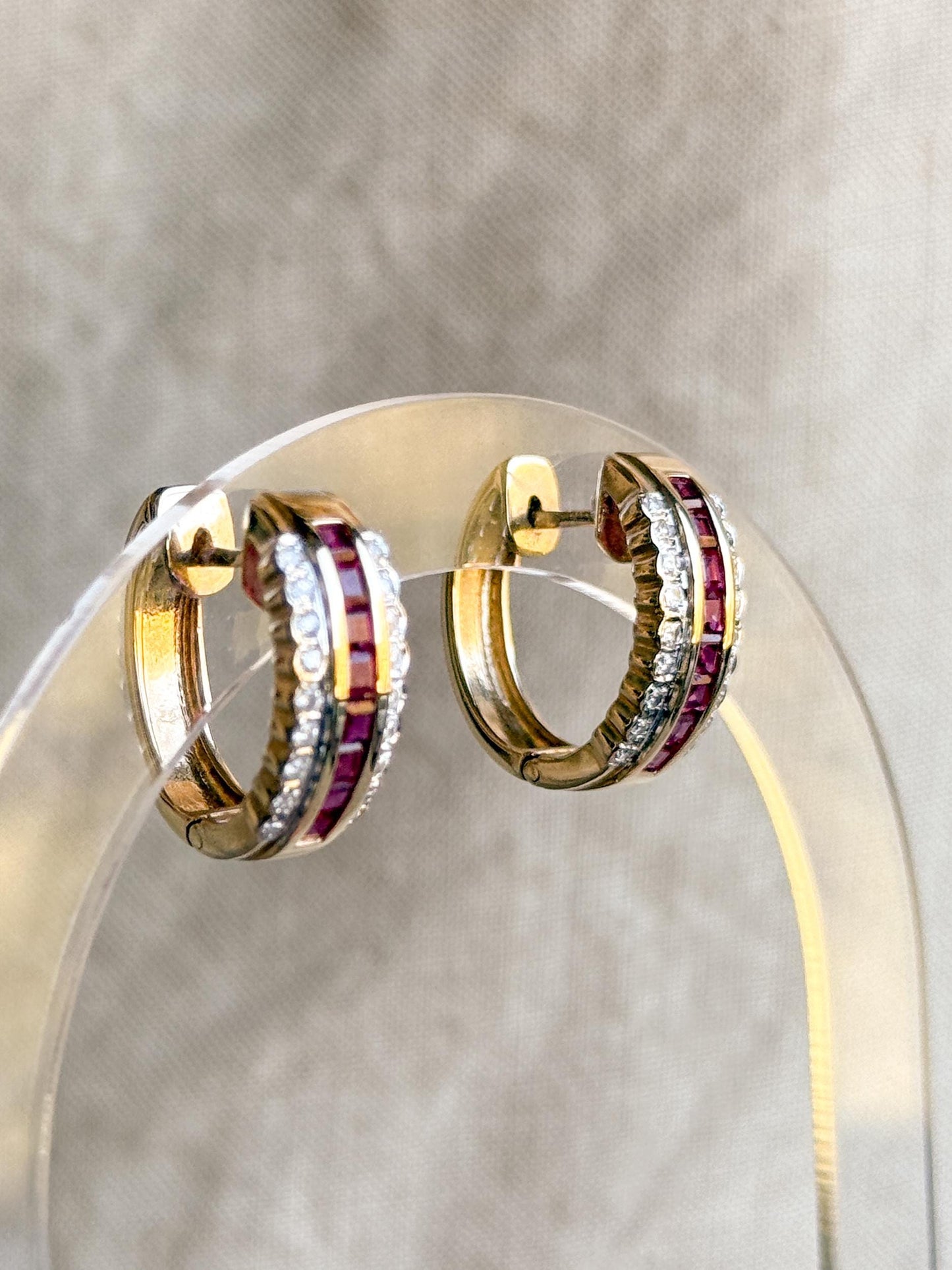 Vintage Ruby and Diamond Hoop Earrings, 14k Gold, Hinged Closure, Gift for Her