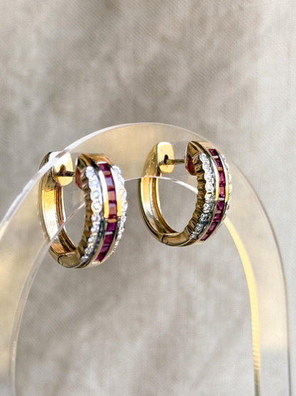 Vintage Ruby and Diamond Hoop Earrings, 14k Gold, Hinged Closure, Gift for Her