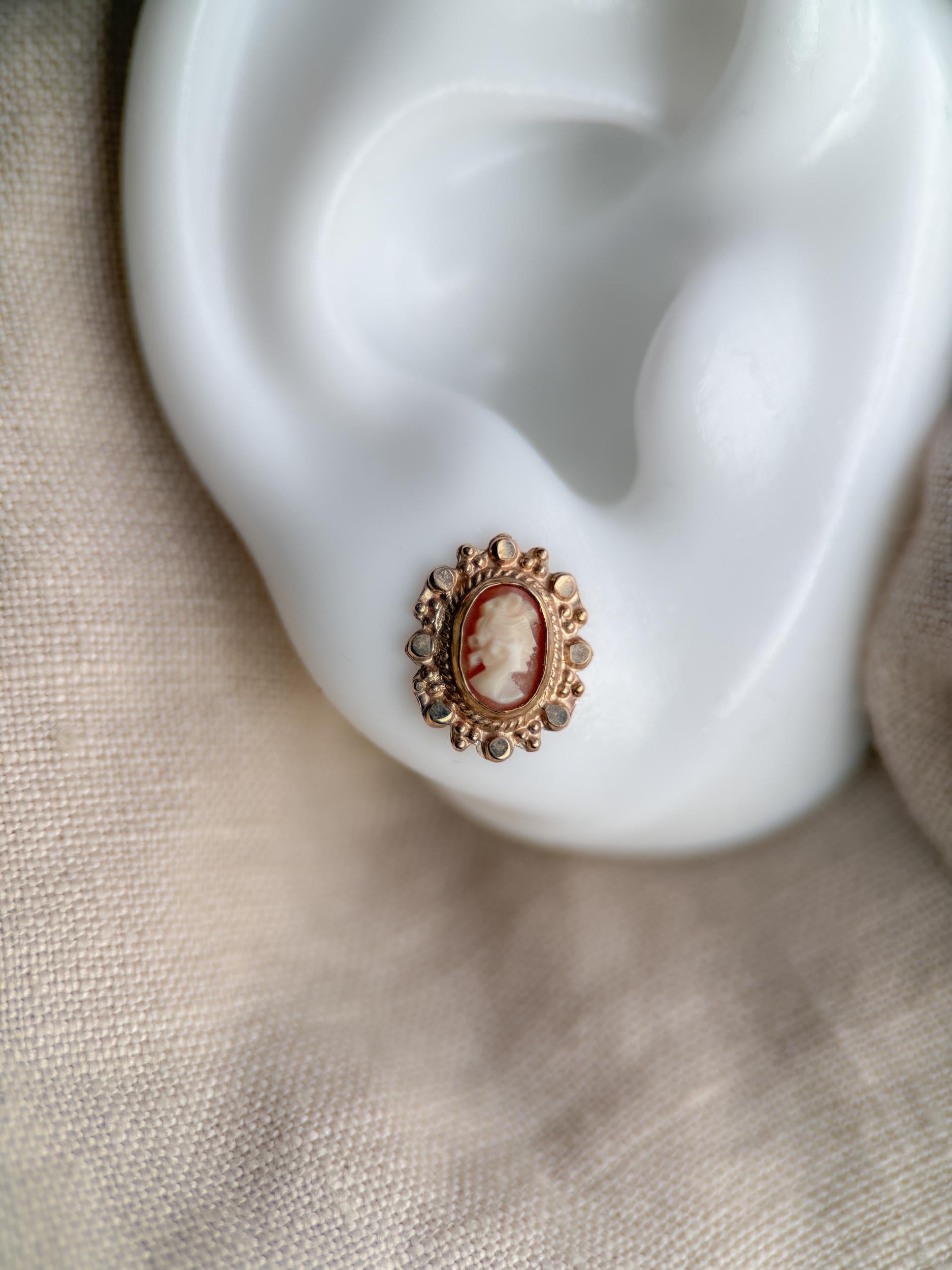 Vintage Cameo Earrings, 14k Gold, Stud Earrings, 1930s Art Deco, Gift for Her