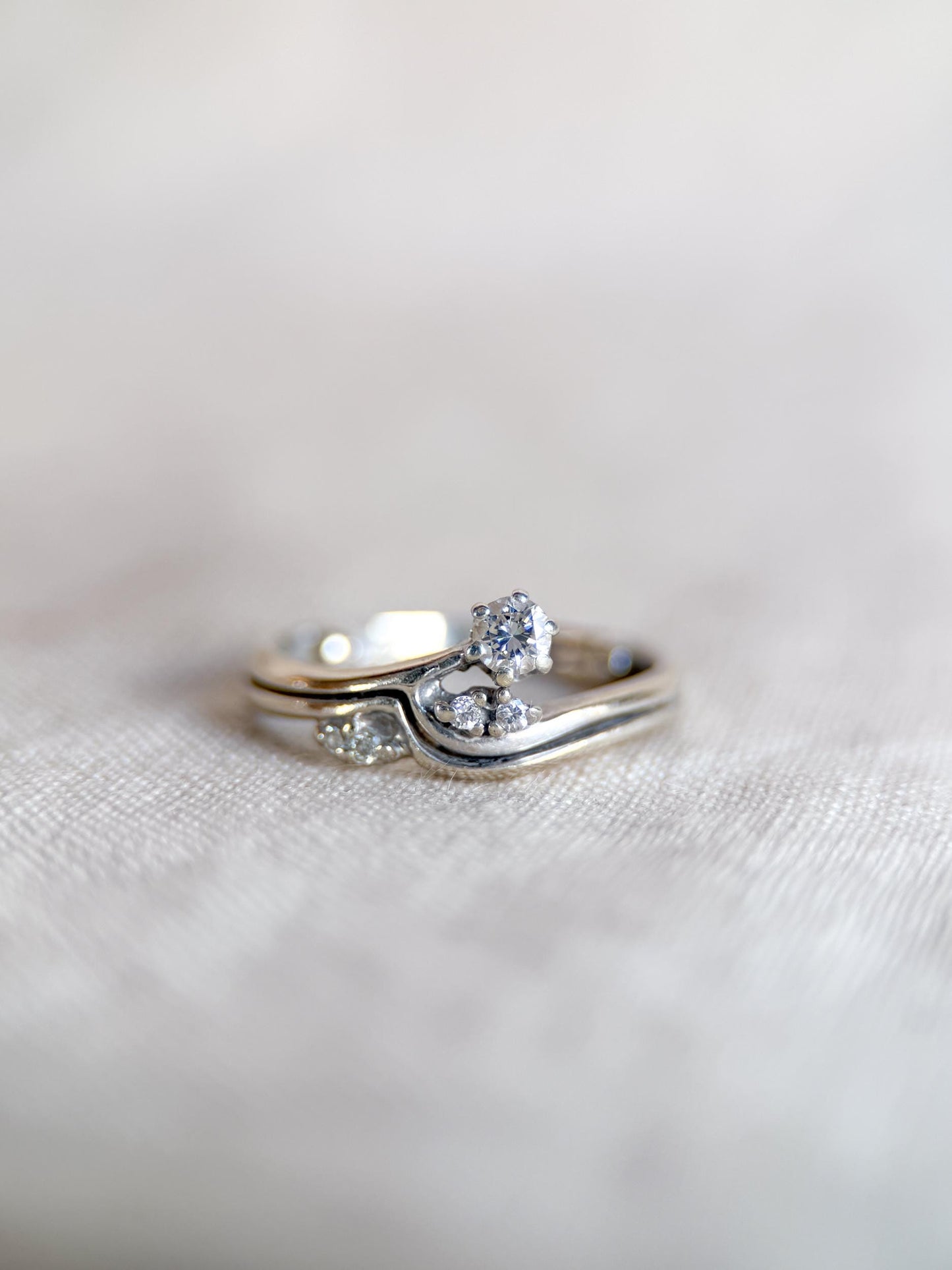 Vintage 1990s Diamond Engagement Ring Bridal Set, 14k White Gold, Asymmetrical Wedding Band