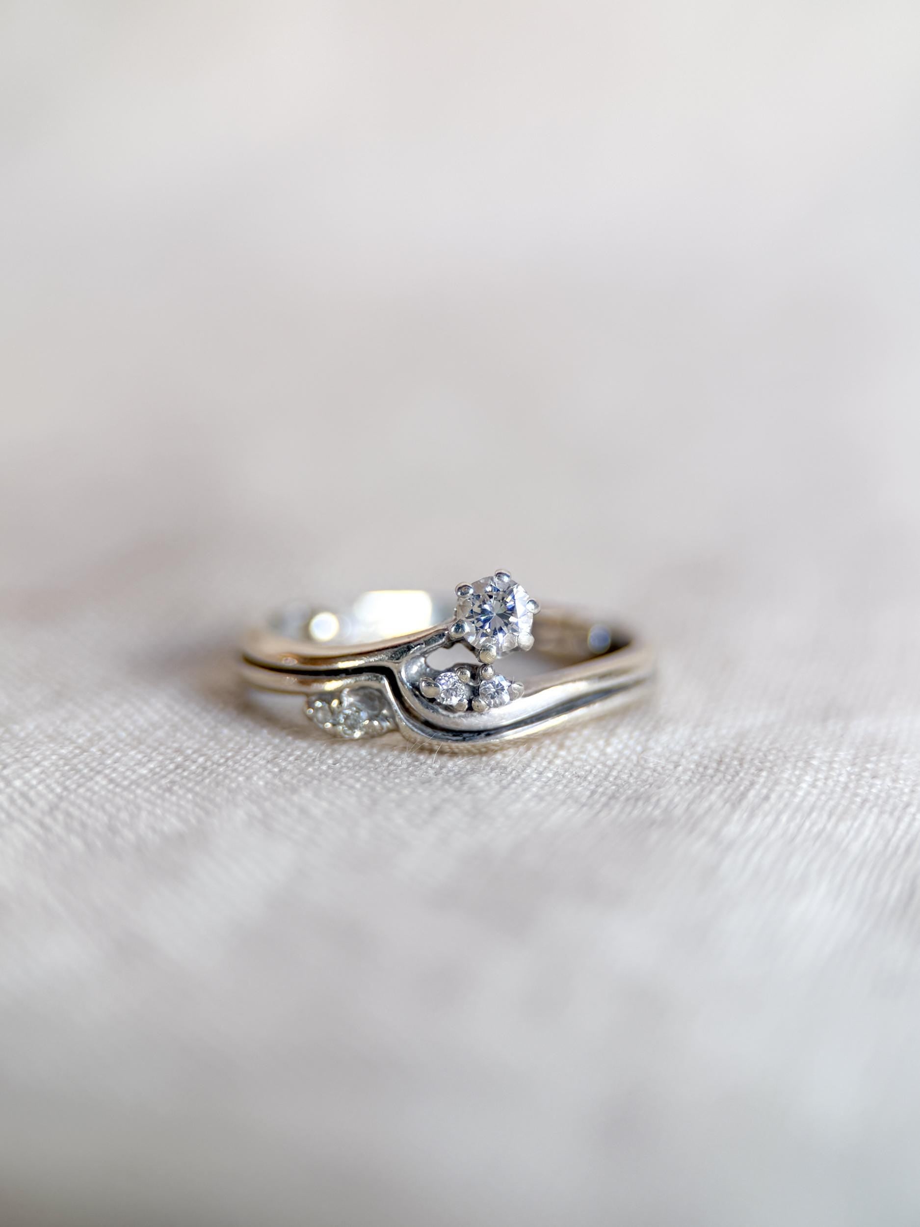 Vintage 1990s Diamond Engagement Ring Bridal Set, 14k White Gold, Asymmetrical Wedding Band