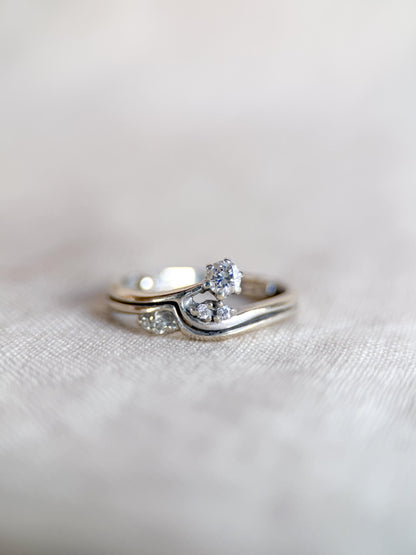 Vintage 1990s Diamond Engagement Ring Bridal Set, 14k White Gold, Asymmetrical Wedding Band