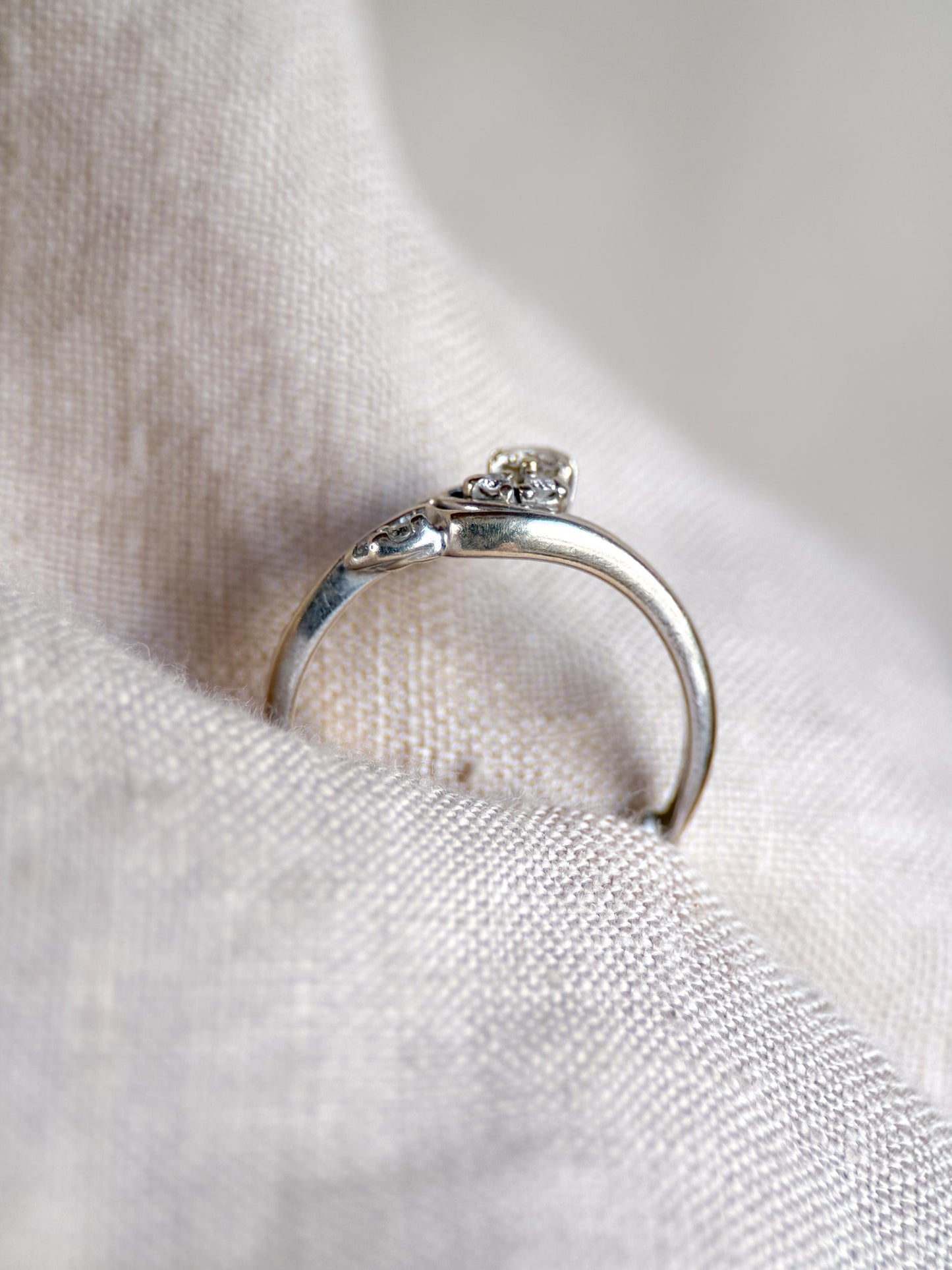 Vintage 1990s Diamond Engagement Ring Bridal Set, 14k White Gold, Asymmetrical Wedding Band