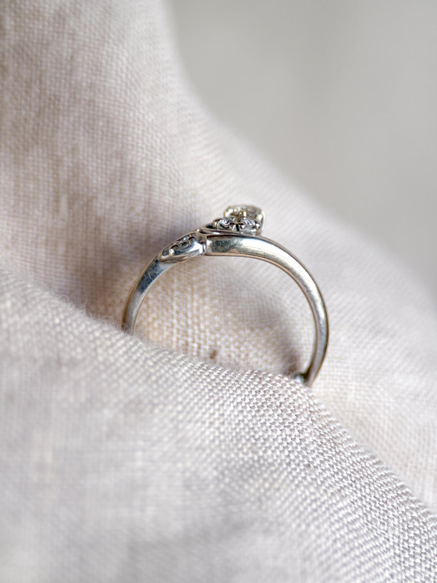Vintage 1990s Diamond Engagement Ring Bridal Set, 14k White Gold, Asymmetrical Wedding Band
