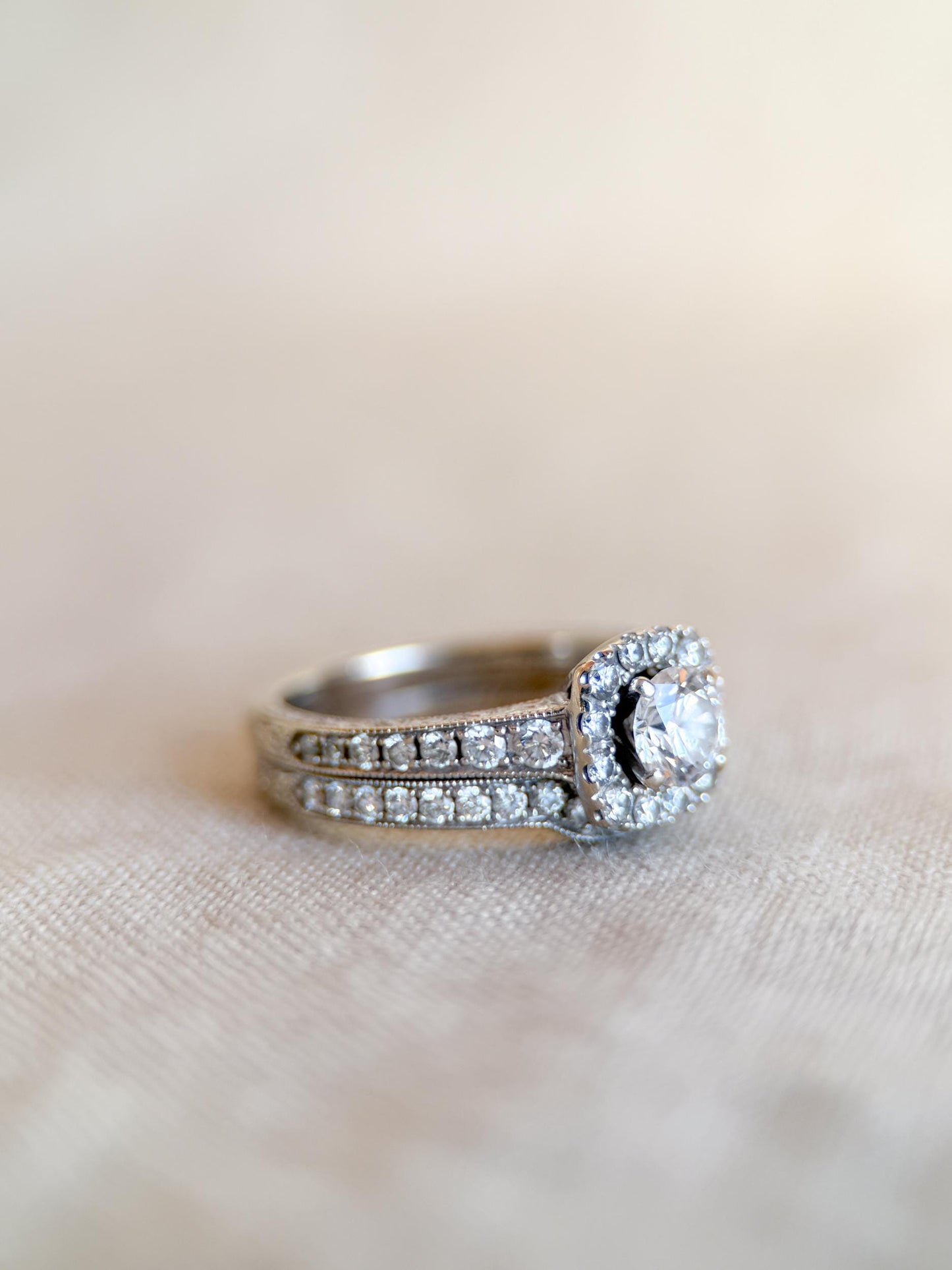 Vintage Diamond Engagement Ring, Round Cut, 14k White Gold, 2000s Neil Lane Cushion Halo