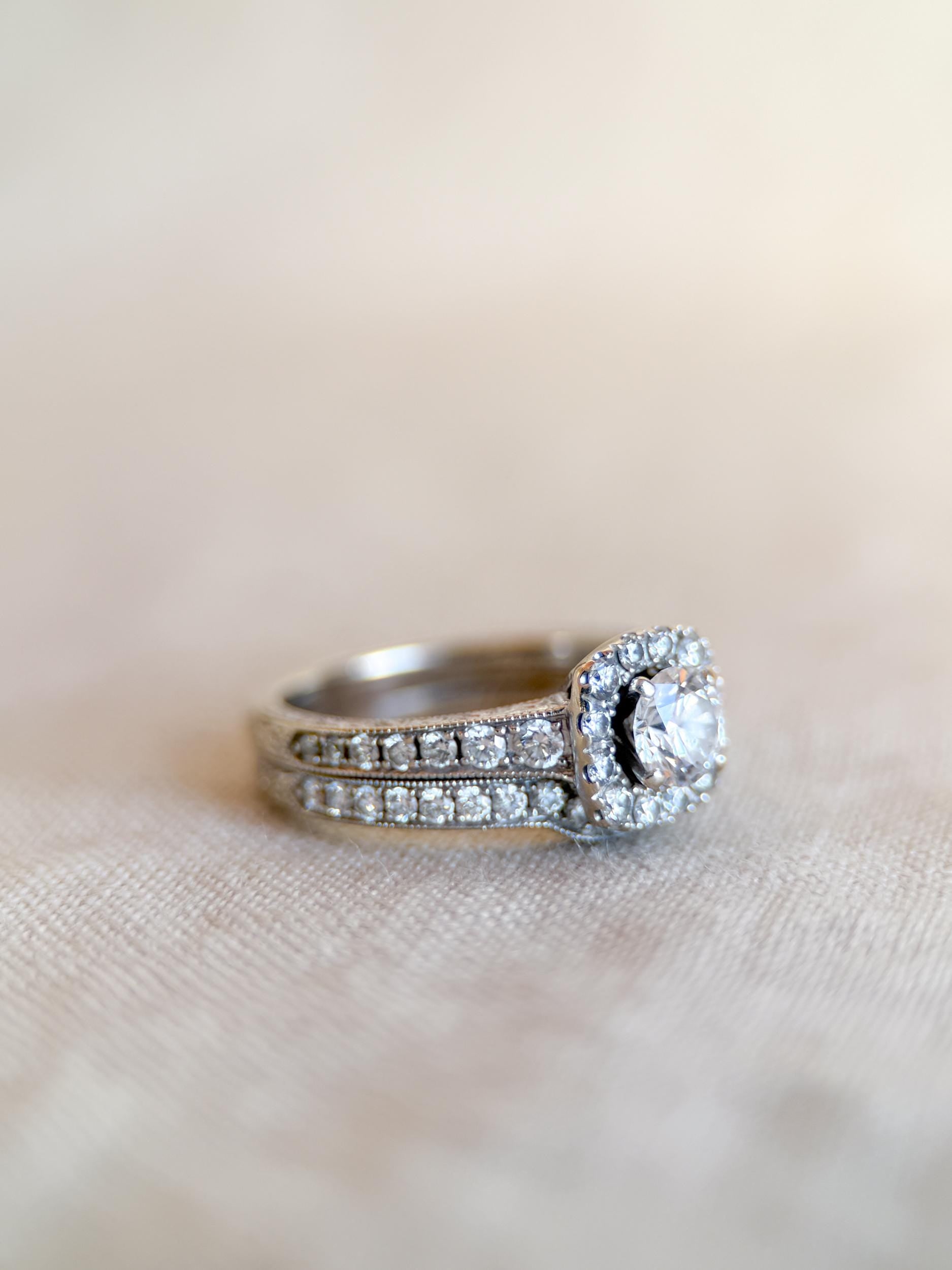 Vintage Diamond Engagement Ring, Round Cut, 14k White Gold, 2000s Neil Lane Cushion Halo