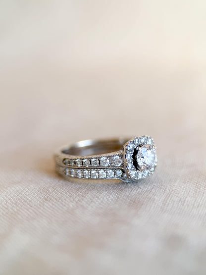 Vintage Diamond Engagement Ring, Round Cut, 14k White Gold, 2000s Neil Lane Cushion Halo