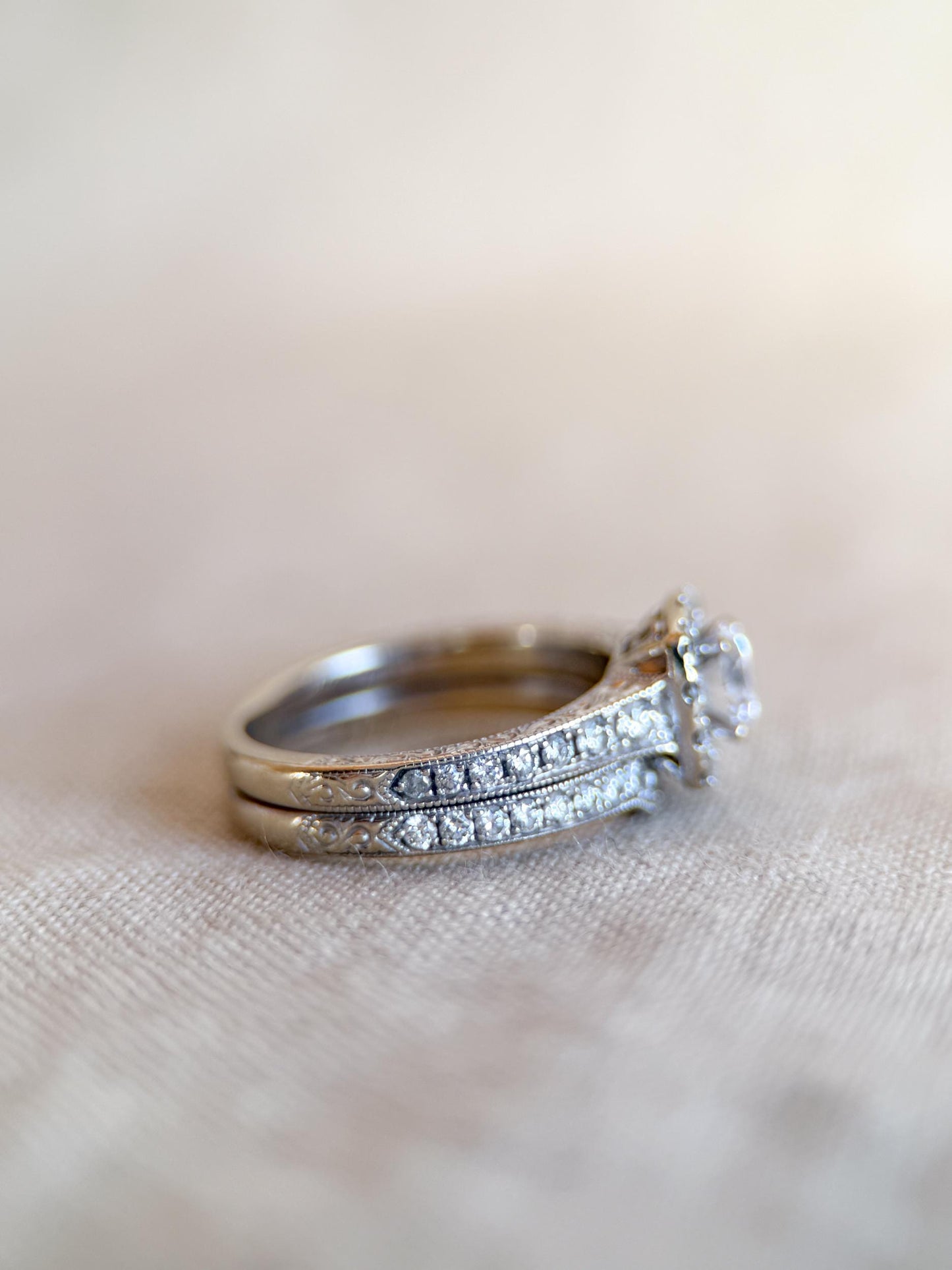 Vintage Diamond Engagement Ring, Round Cut, 14k White Gold, 2000s Neil Lane Cushion Halo