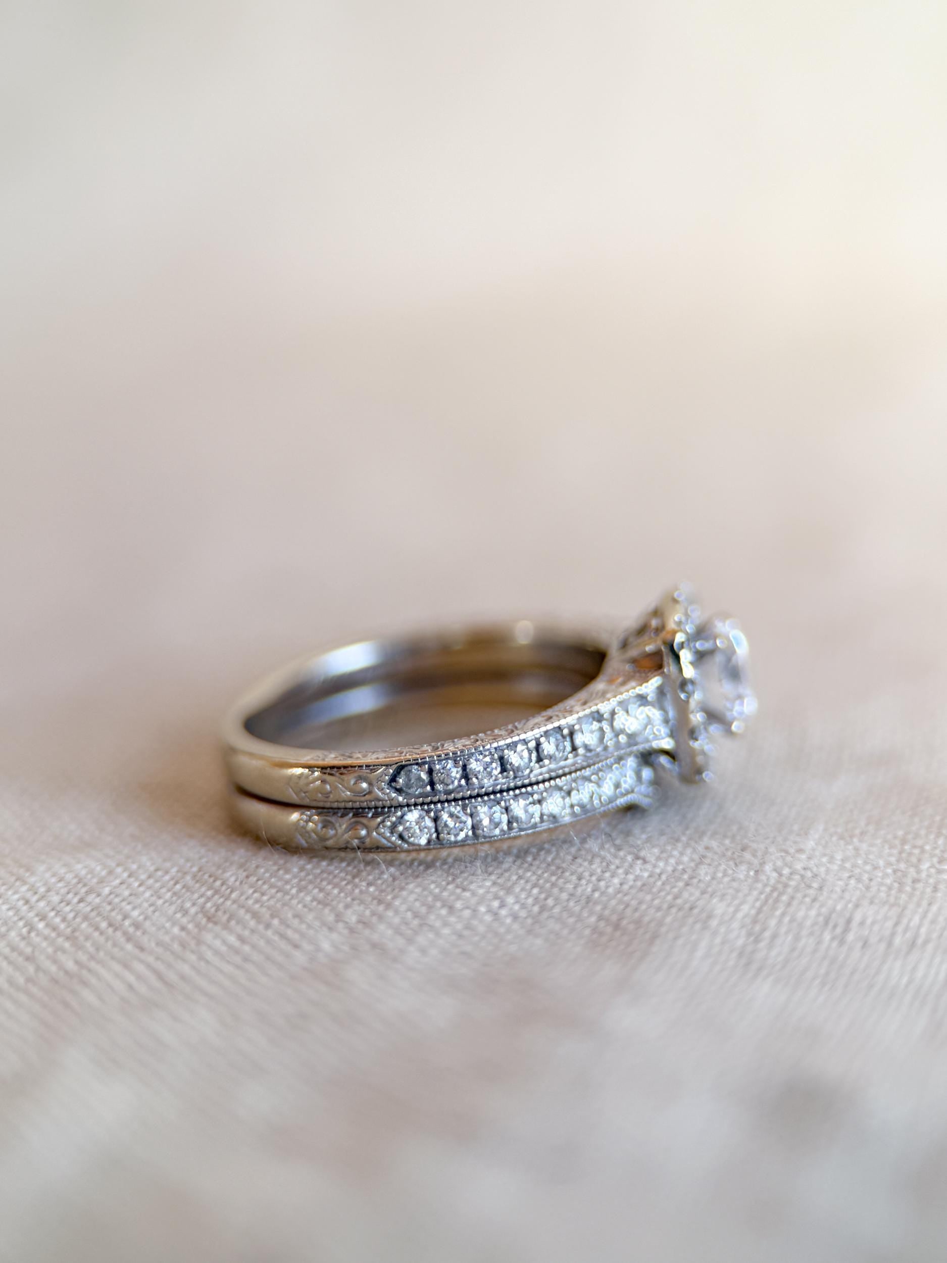 Vintage Diamond Engagement Ring, Round Cut, 14k White Gold, 2000s Neil Lane Cushion Halo