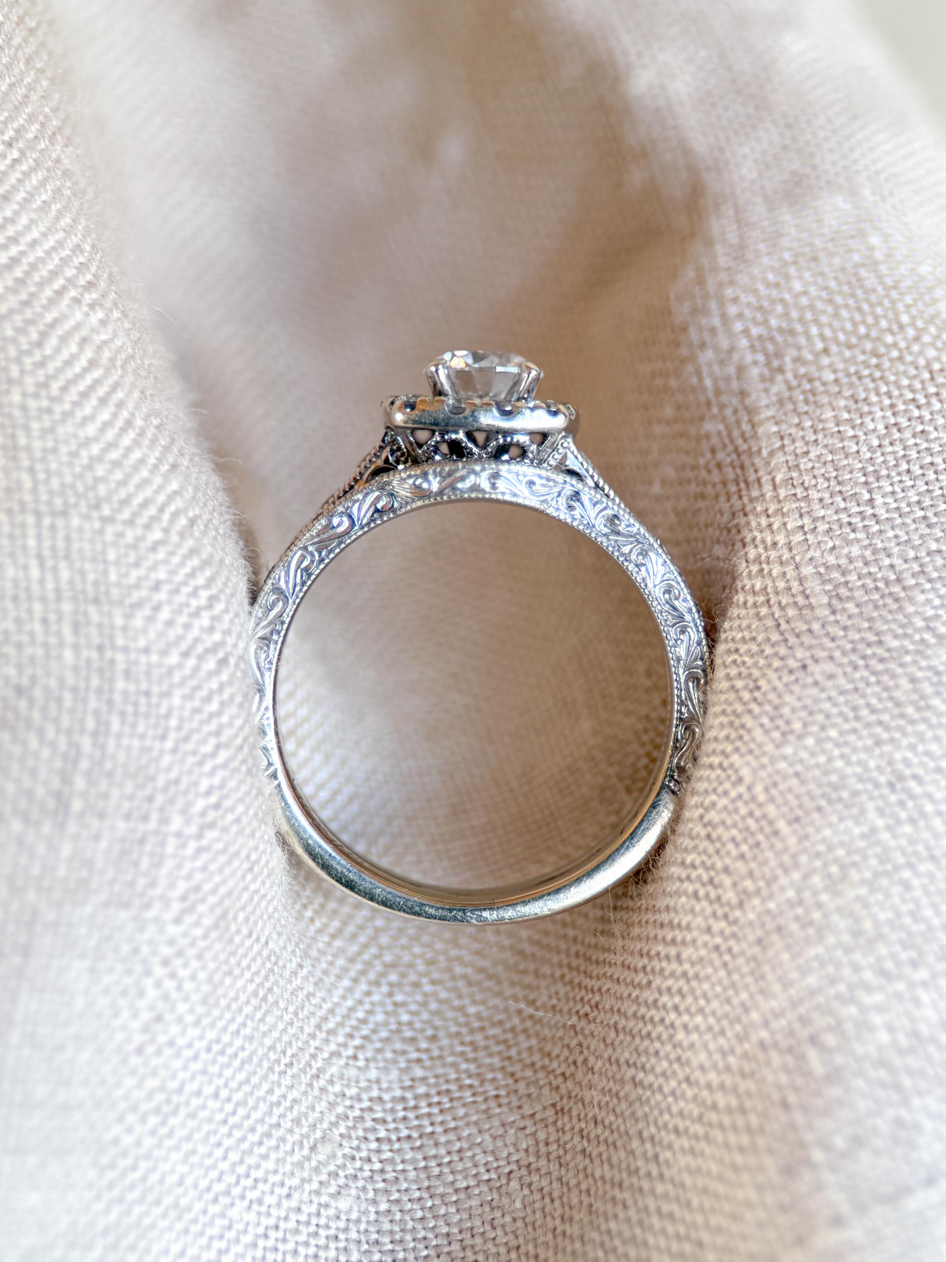 Vintage Diamond Engagement Ring, Round Cut, 14k White Gold, 2000s Neil Lane Cushion Halo