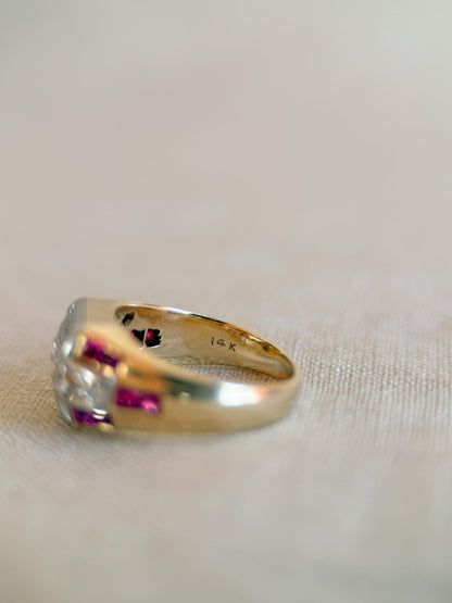 Antique Diamond & Ruby Engagement Ring, Old European Cut, 14k Gold, 1930s Art Deco Bridal