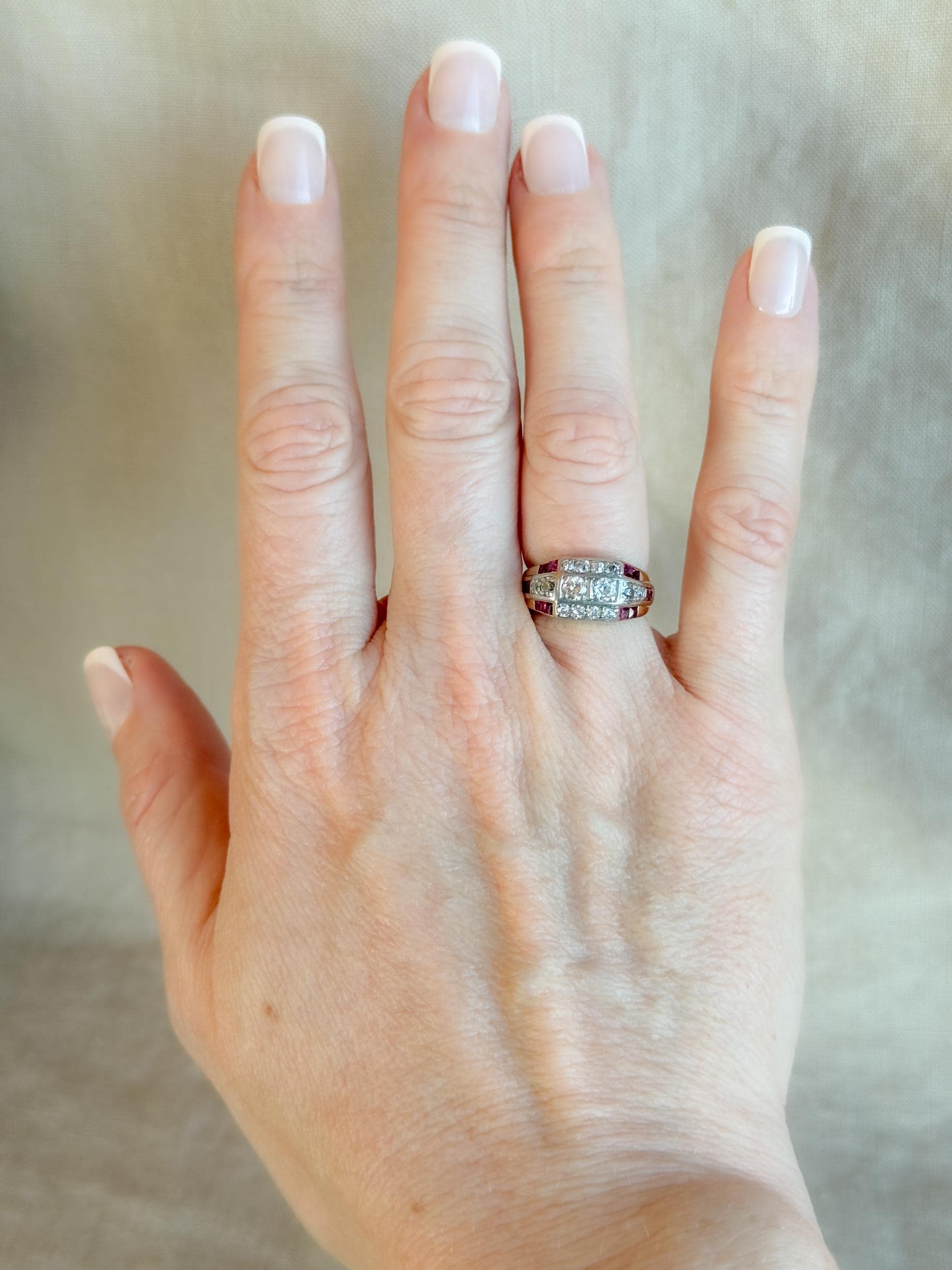 Antique Diamond & Ruby Engagement Ring, Old European Cut, 14k Gold, 1930s Art Deco Bridal
