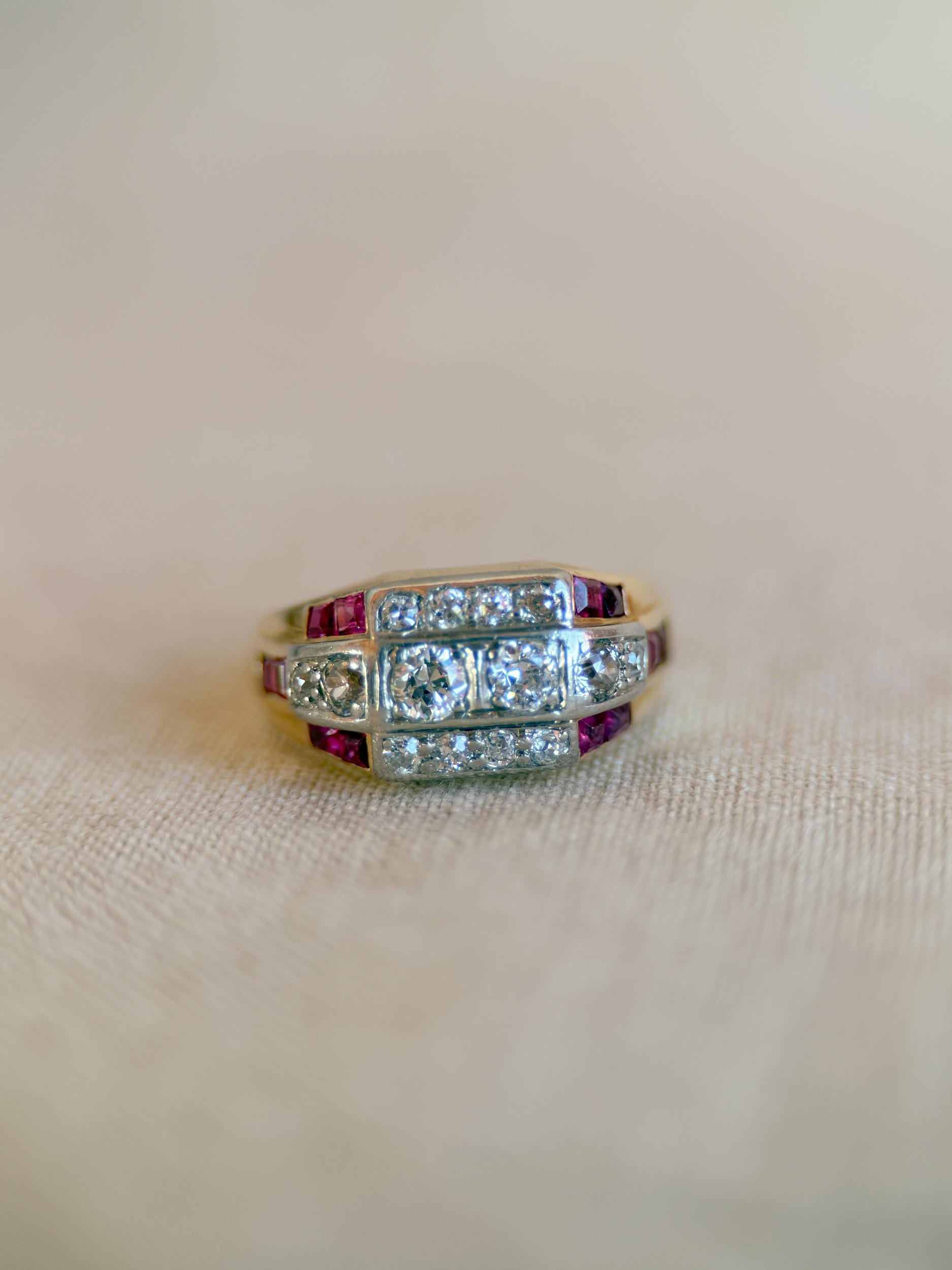 Antique Diamond & Ruby Engagement Ring, Old European Cut, 14k Gold, 1930s Art Deco Bridal