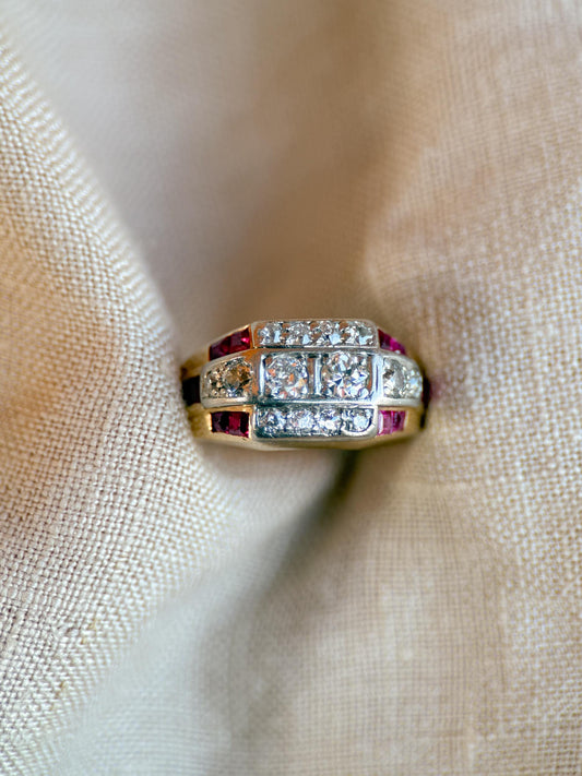 Antique Diamond & Ruby Engagement Ring, Old European Cut, 14k Gold, 1930s Art Deco Bridal