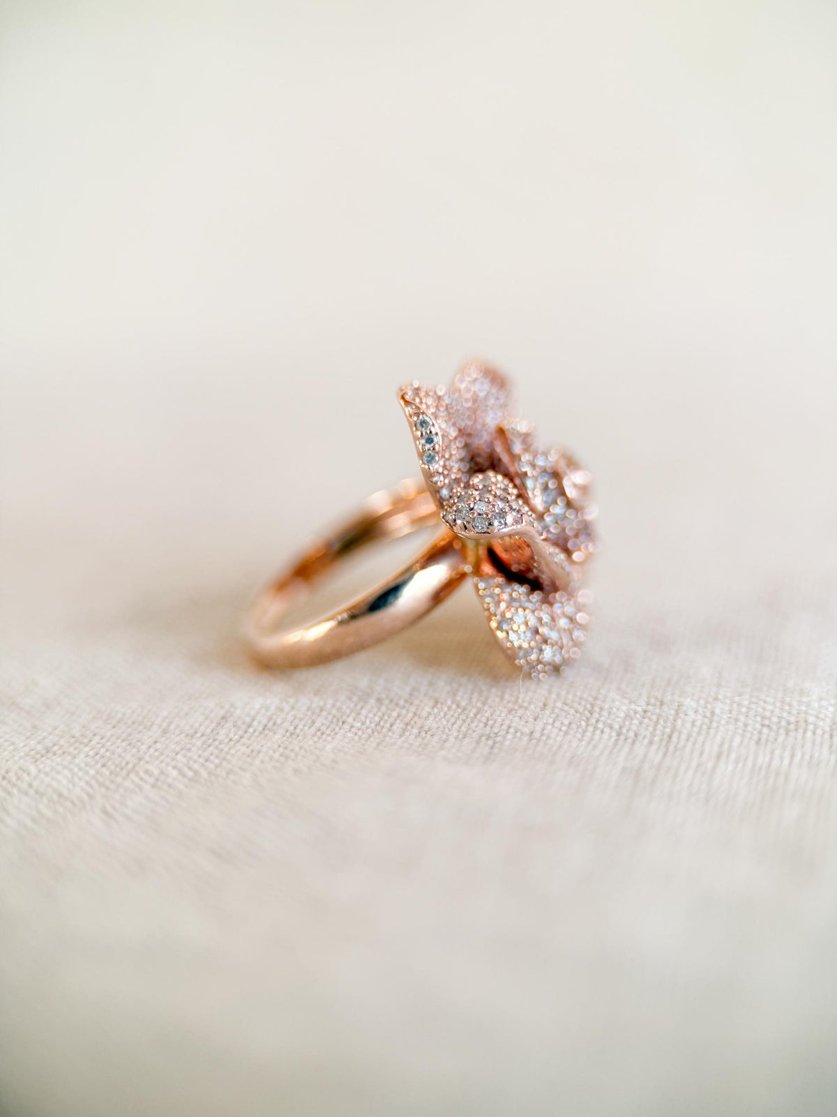 Vintage Diamond Flower Ring, 14k Rose Gold, Pave Floral Statement Ring