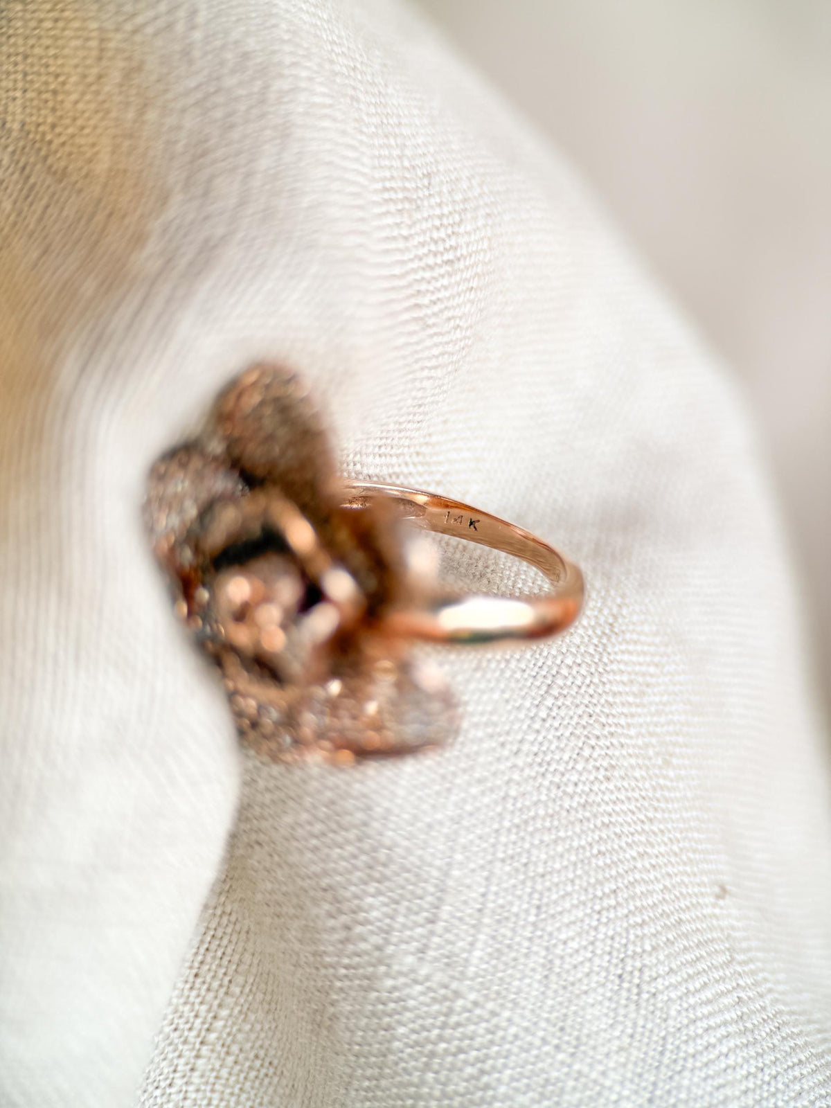Vintage Diamond Flower Ring, 14k Rose Gold, Pave Floral Statement Ring
