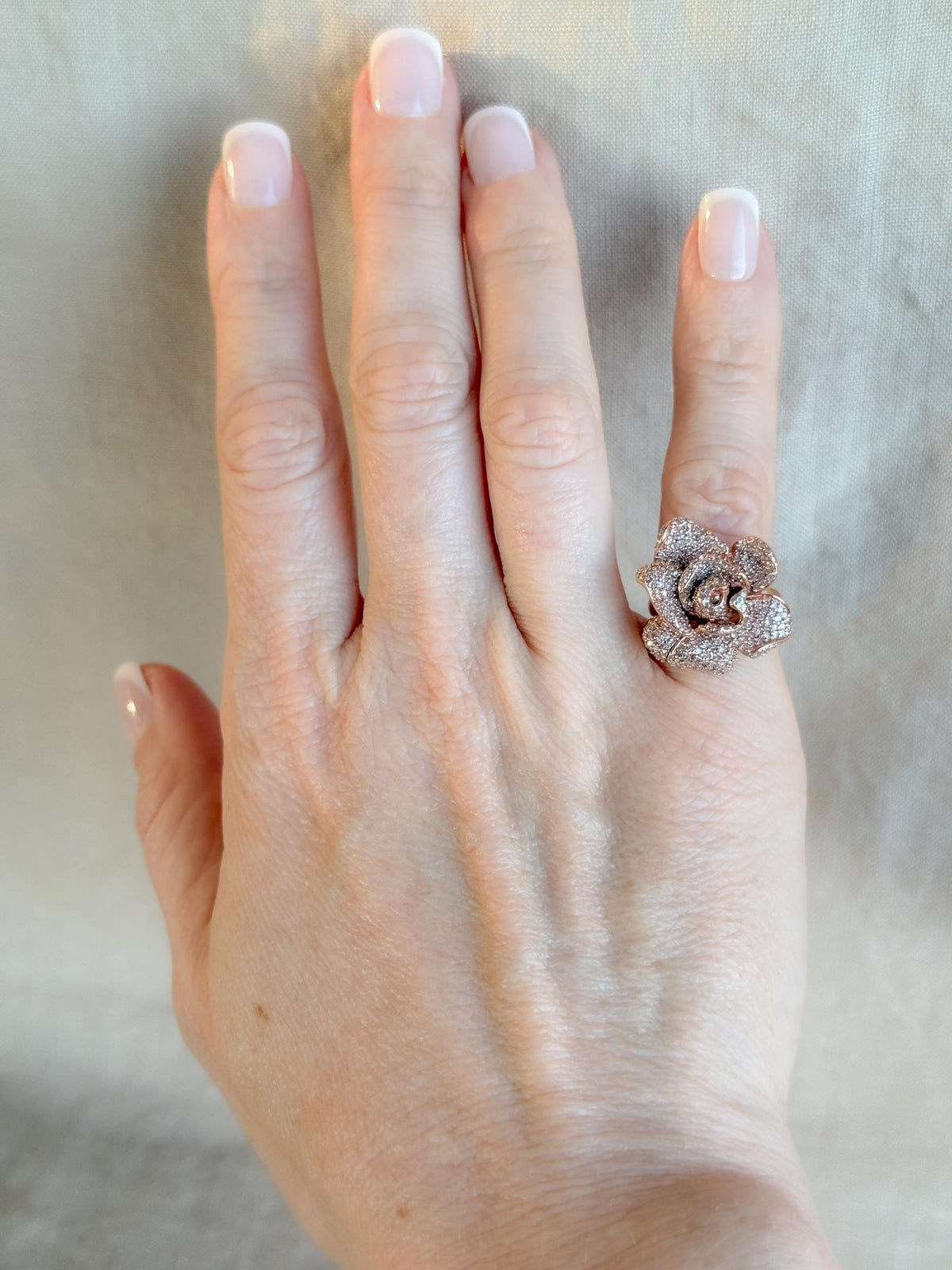 Vintage Diamond Flower Ring, 14k Rose Gold, Pave Floral Statement Ring