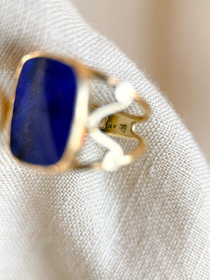 Vintage Lapis Lazuli Ring, 14K Gold, Blue Rectangle Cabochon Statement Ring, 1970s Bold Jewelry