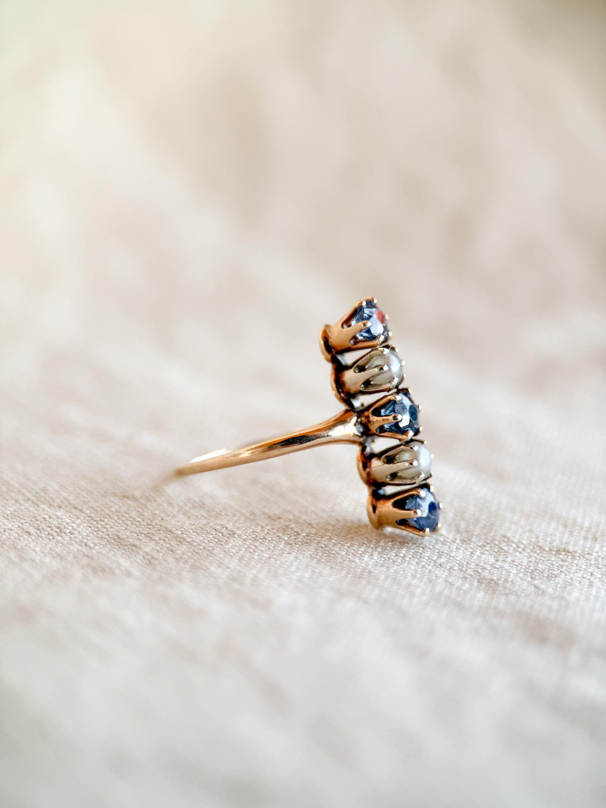 Vintage 1940s Sapphire & Pearl Five-Stone Ring in 14k Gold