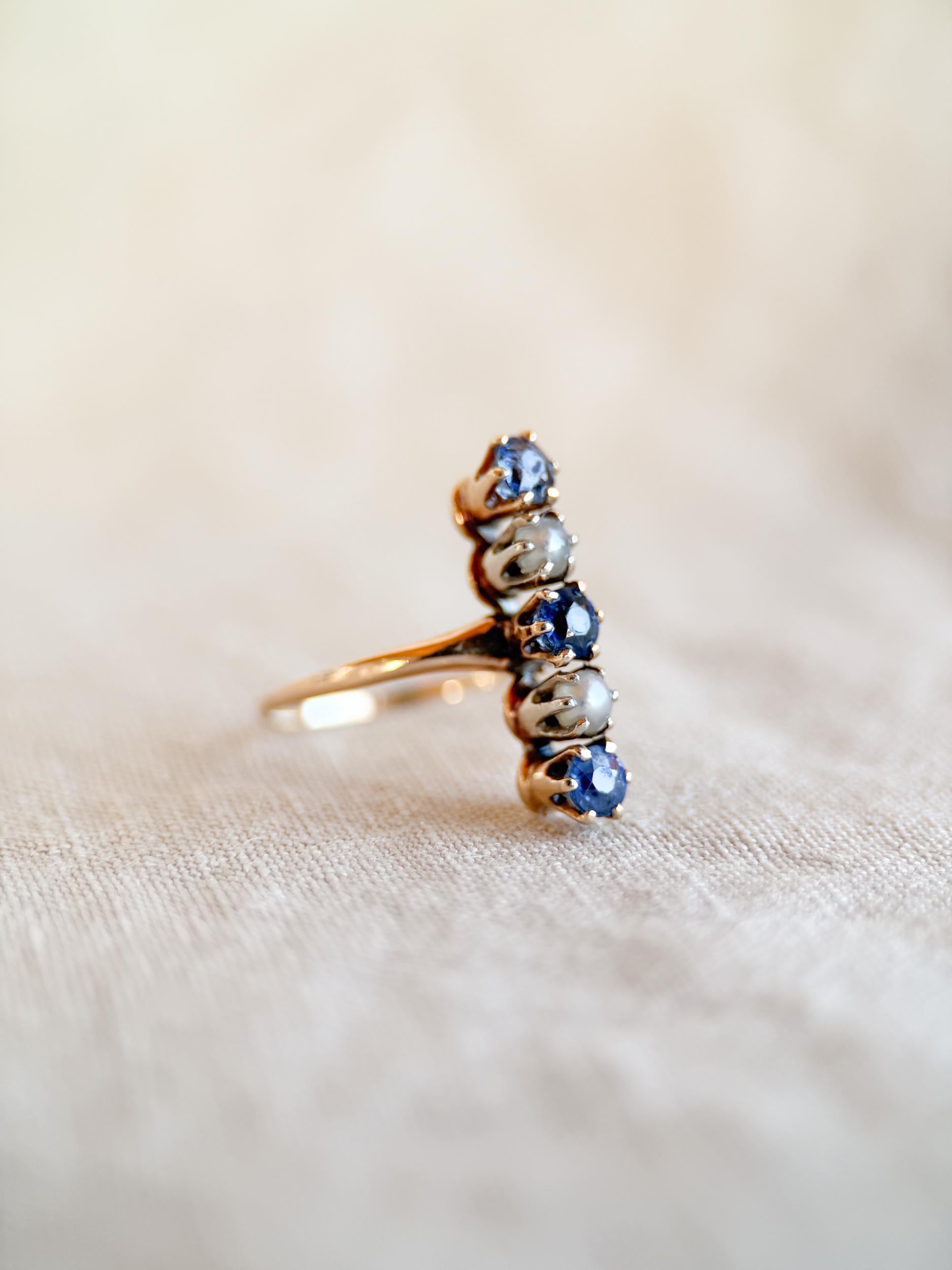 Vintage 1940s Sapphire & Pearl Five-Stone Ring in 14k Gold