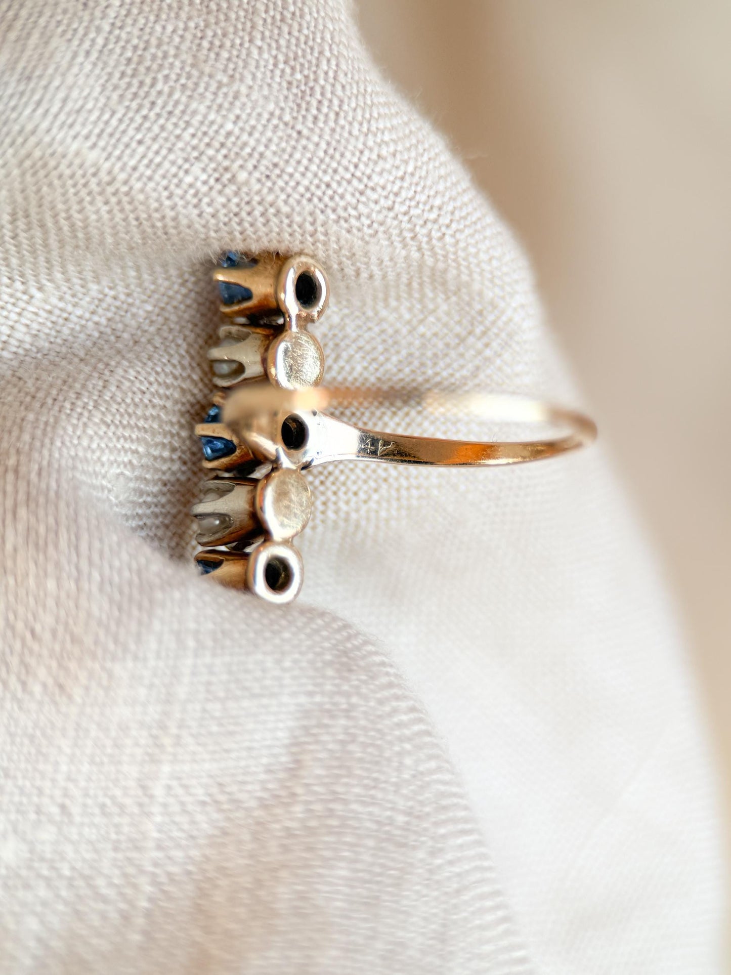 Vintage 1940s Sapphire & Pearl Five-Stone Ring in 14k Gold