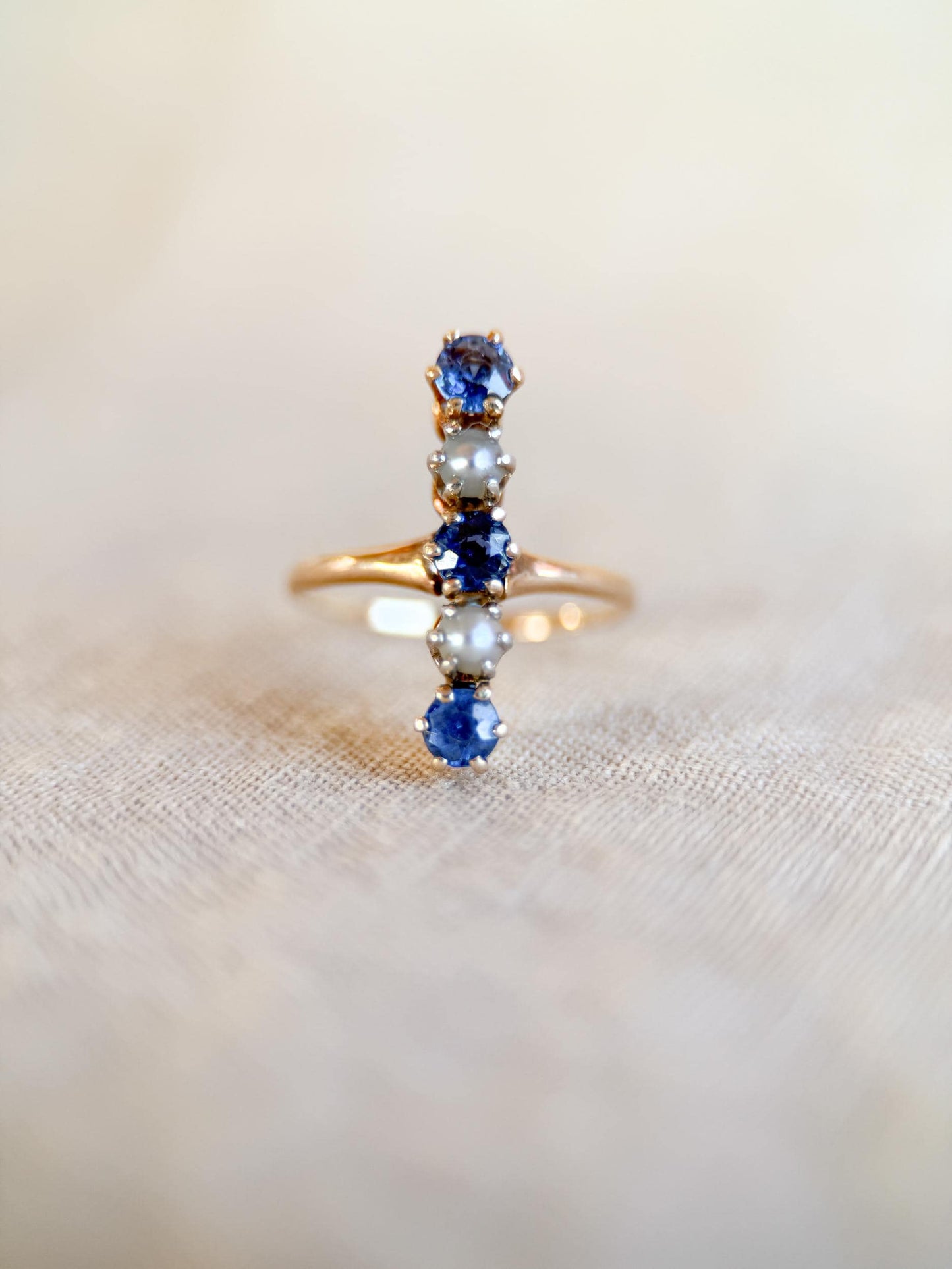 Vintage 1940s Sapphire & Pearl Five-Stone Ring in 14k Gold