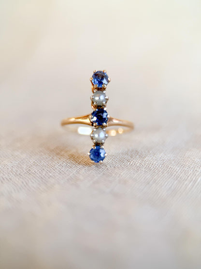 Vintage 1940s Sapphire & Pearl Five-Stone Ring in 14k Gold