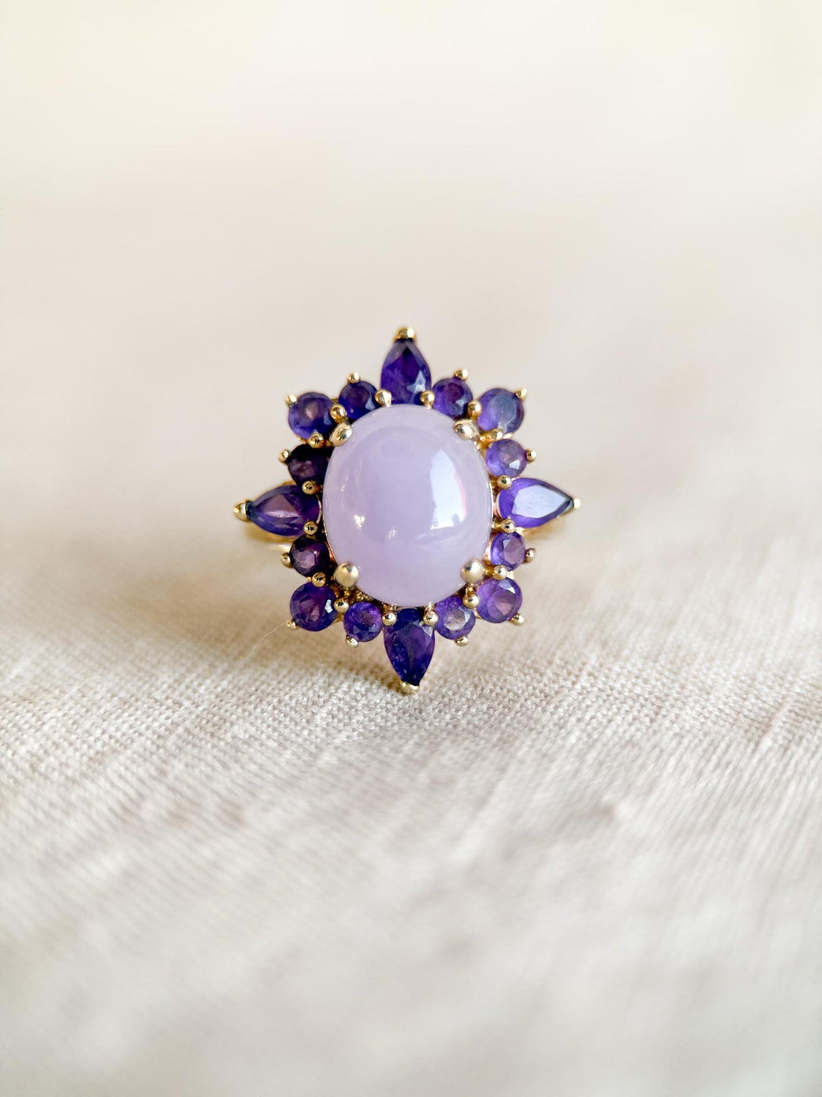 Vintage 1990s Jade & Amethyst Halo Ring in 14k Gold