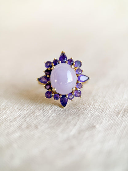 Vintage 1990s Jade & Amethyst Halo Ring in 14k Gold