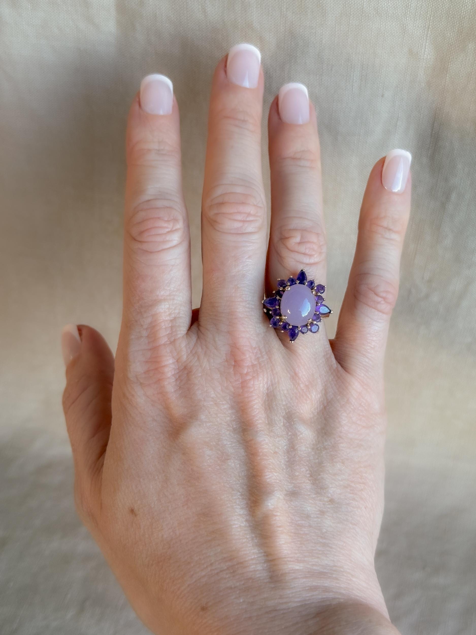 Vintage 1990s Jade & Amethyst Halo Ring in 14k Gold