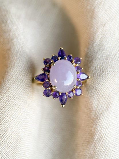 Vintage 1990s Jade & Amethyst Halo Ring in 14k Gold