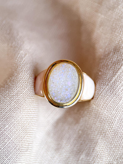 Vintage 1990s Druzy Quartz & Mother of Pearl Ring in 14k