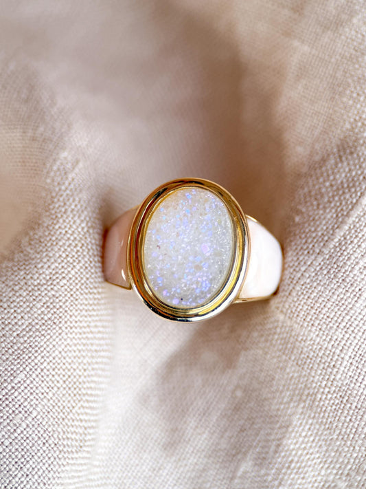 Vintage 1990s Druzy Quartz & Mother of Pearl Ring in 14k