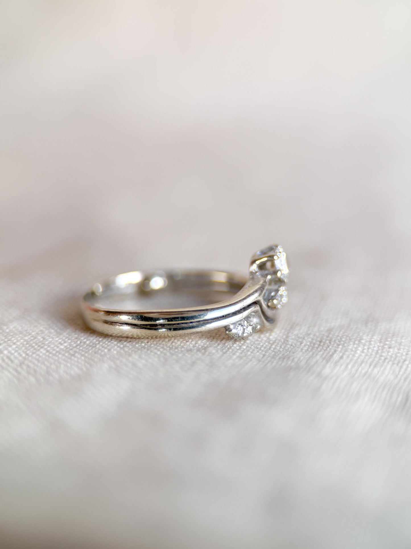Vintage 1990s Diamond Engagement Ring Bridal Set, 14k White Gold, Asymmetrical Wedding Band