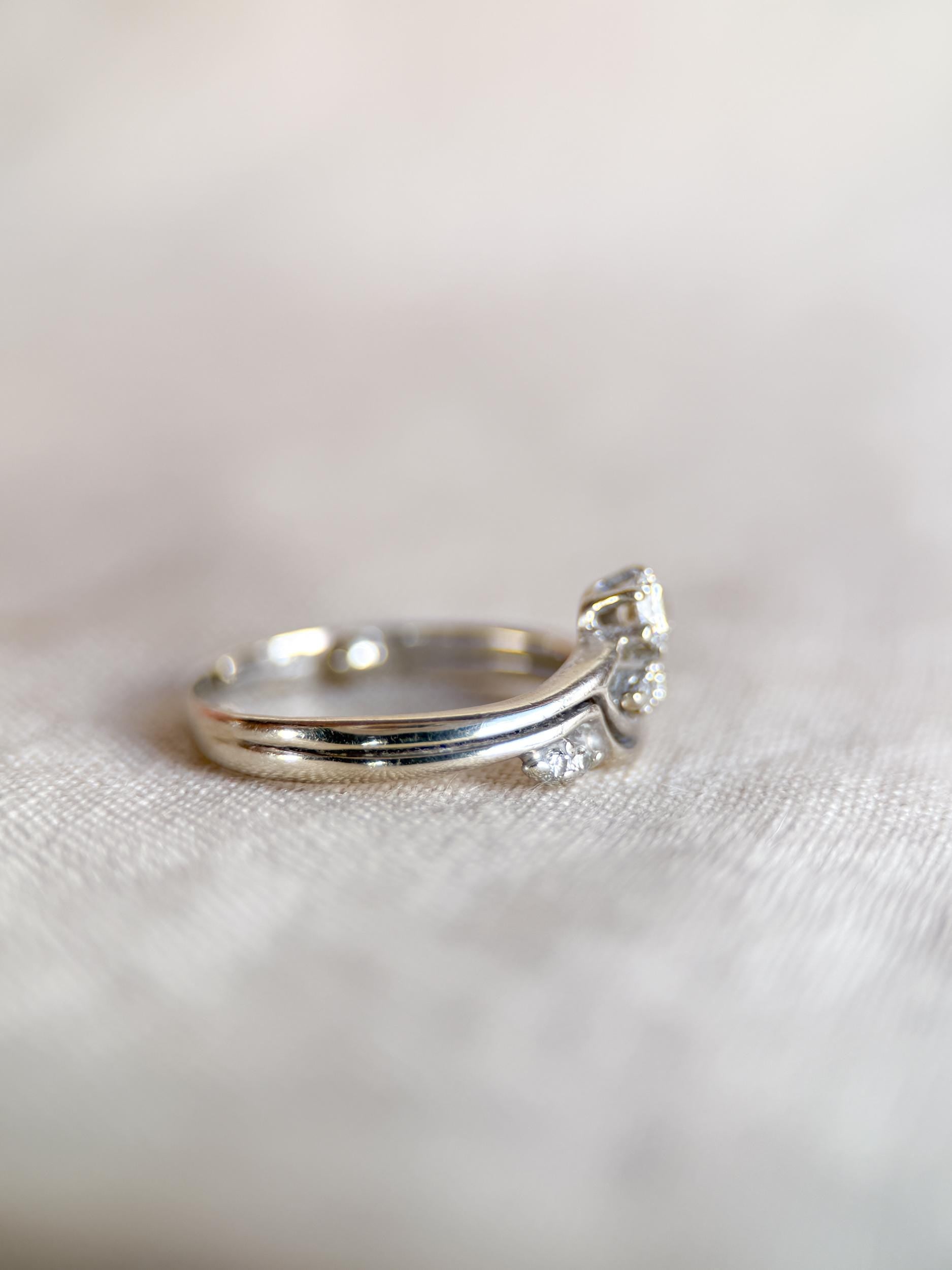 Vintage 1990s Diamond Engagement Ring Bridal Set, 14k White Gold, Asymmetrical Wedding Band