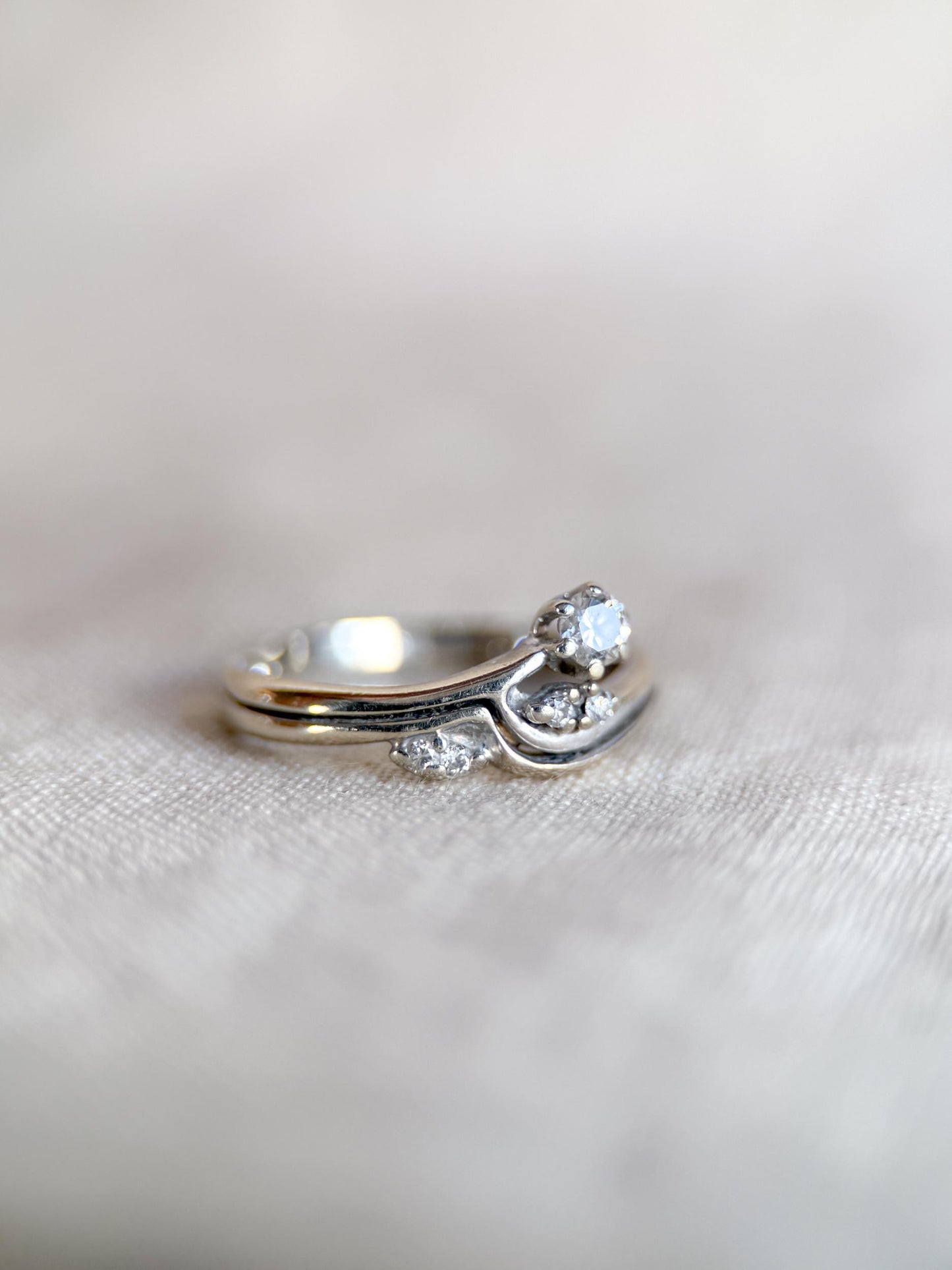 Vintage 1990s Diamond Engagement Ring Bridal Set, 14k White Gold, Asymmetrical Wedding Band