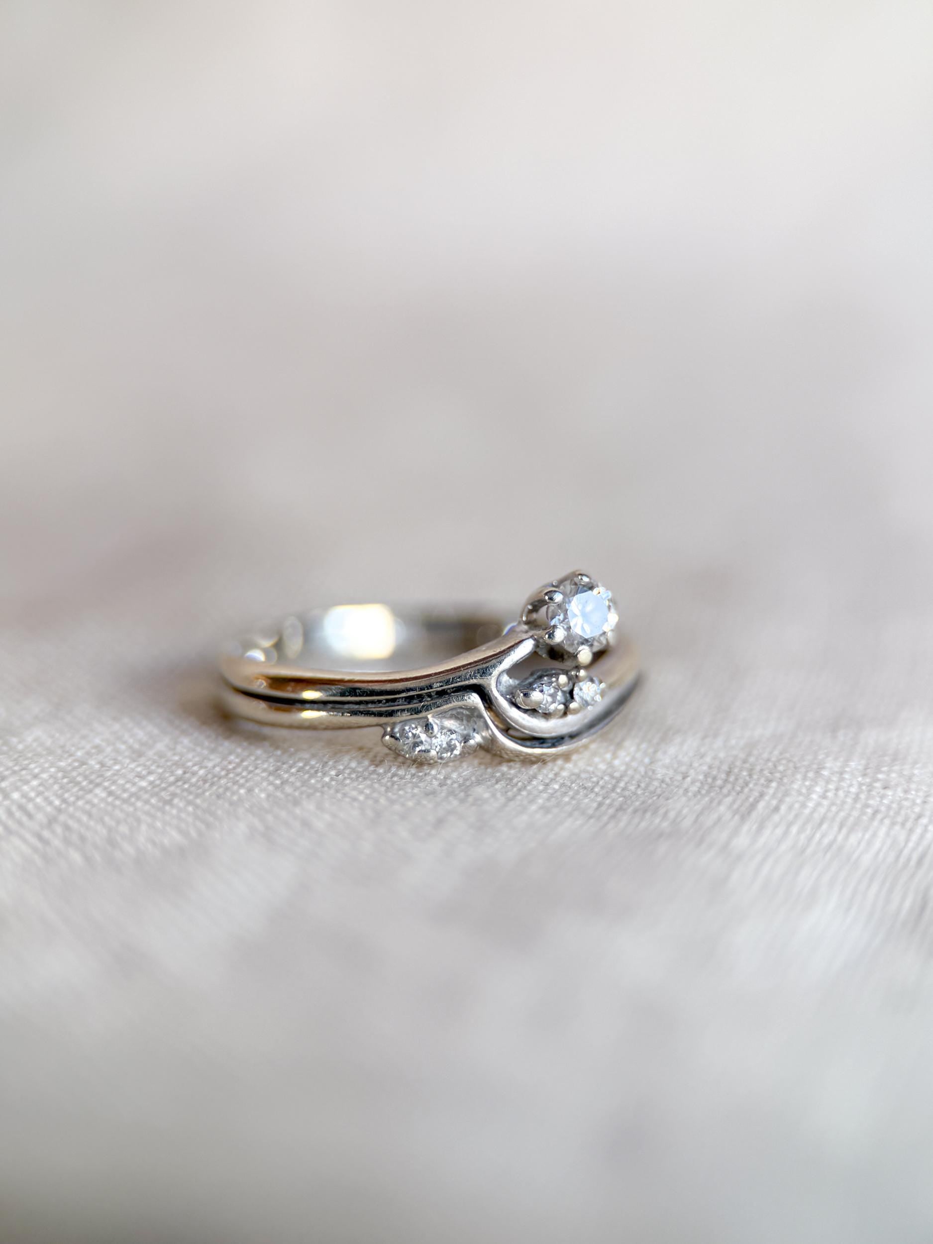 Vintage 1990s Diamond Engagement Ring Bridal Set, 14k White Gold, Asymmetrical Wedding Band