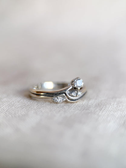 Vintage 1990s Diamond Engagement Ring Bridal Set, 14k White Gold, Asymmetrical Wedding Band